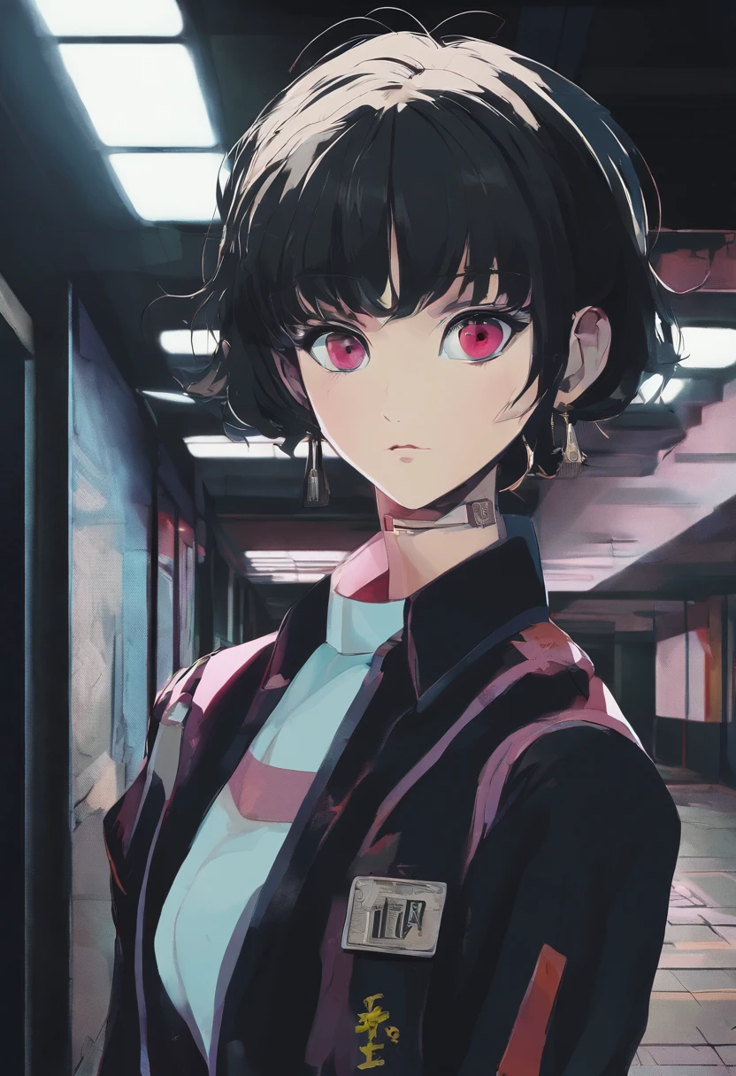 (black choker), brightly colored, 80's Japan female student, horror movie atmosphere, dimly lit, eerie shadows, dark hallway, torn school uniform, short hairstyle, holding a flashlight.