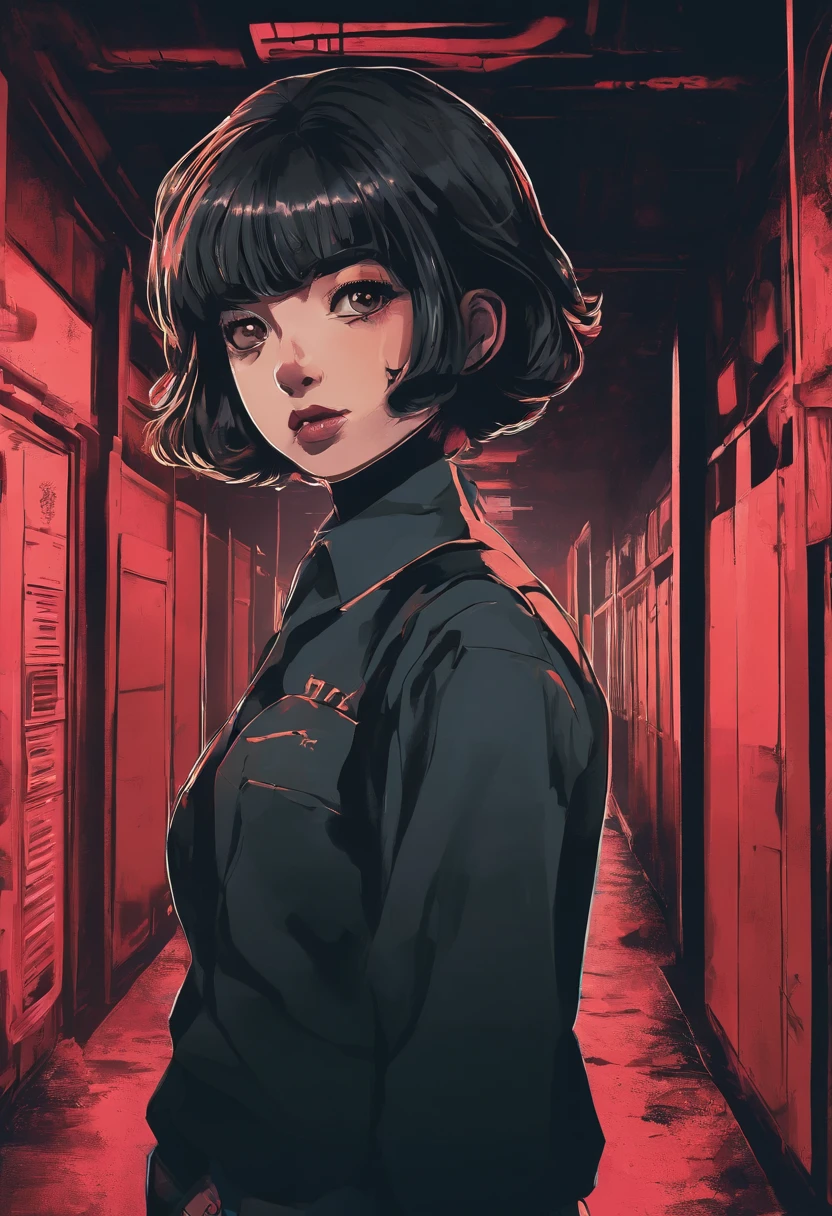 (black choker), brightly colored, 80's Japan female student, horror movie atmosphere, dimly lit, eerie shadows, dark hallway, torn school uniform, short hairstyle, holding a flashlight.