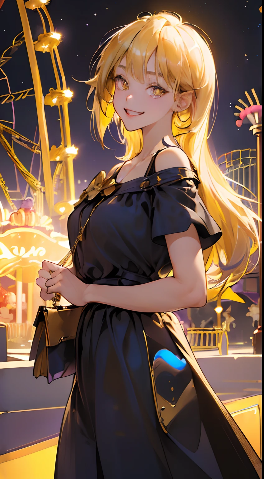 highres, ultra detailed, 1girl, solo, extremely detailed eyes, (Gold colored hair:1.5) ,long hair, (straight waist-length gold colored hair:1.5) ,(Anti-flash white-colored eyes:1.5) , ulzzang , she is wearing a ((Heliotrope colored Short Sleeve Oversized  :1.5)) , she wearing a (( Rich Black colored Womens Casual Wide Leg :1.5)) ,((Dark Indigo colored Casual  Shoulder Handbag:1.5))    , focusing on the face  , ( amusement park at night background:1.5) ,(( crowd))  ,look at viewer  ,laugh , excited  emotion , cute pose , selfies view , close up view , cowboy shot