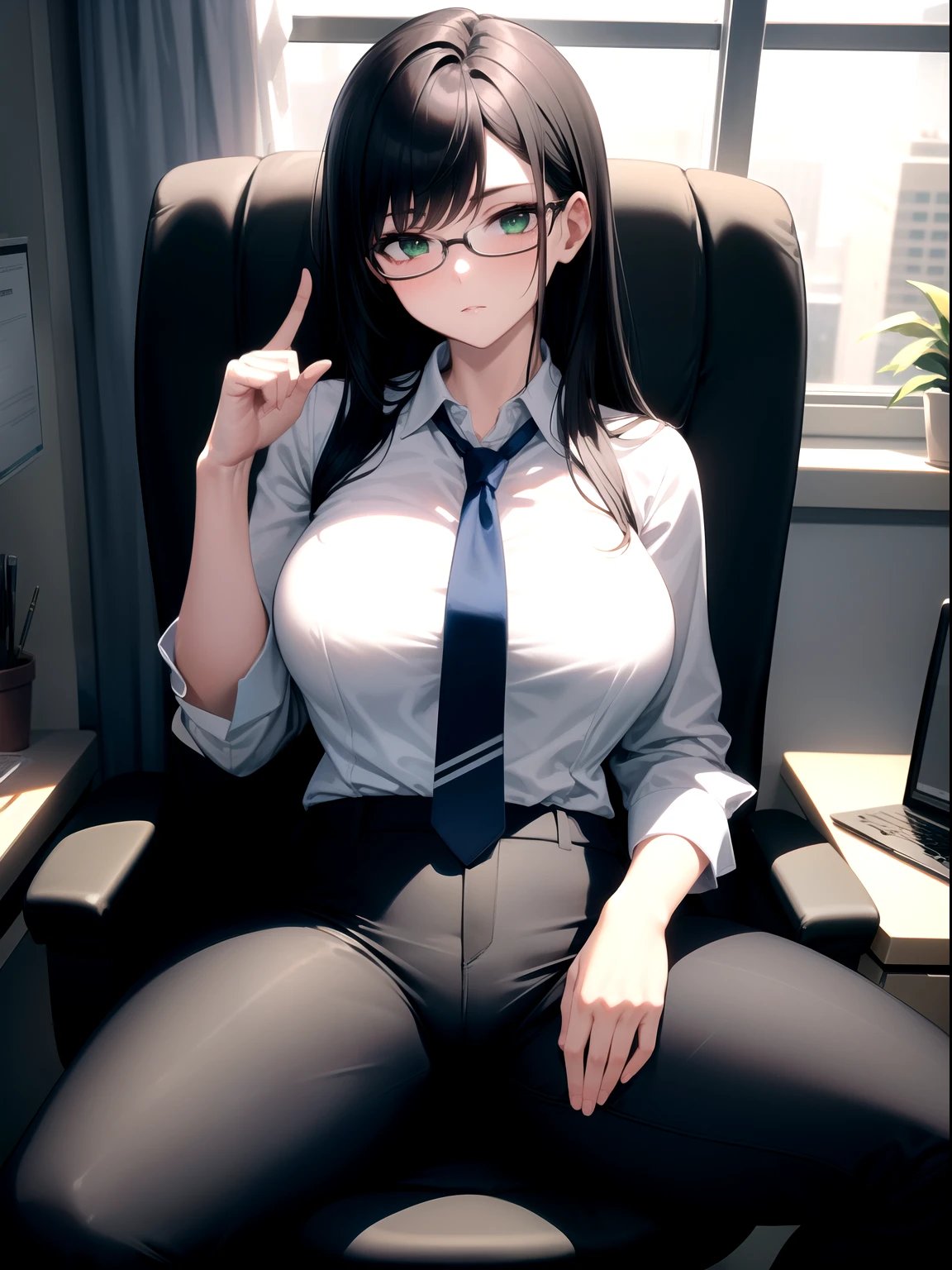 highres, masterpiece, perfect ligthing, bloom, cinematic lighting, adult, perfect skin, female,1girl , black hair, green eyes, mature woman,large breasts, curvy, glasses, business suit,pants, sitting,office chair, expressionless, hand on own leg, spread legs, necktie, open collar,