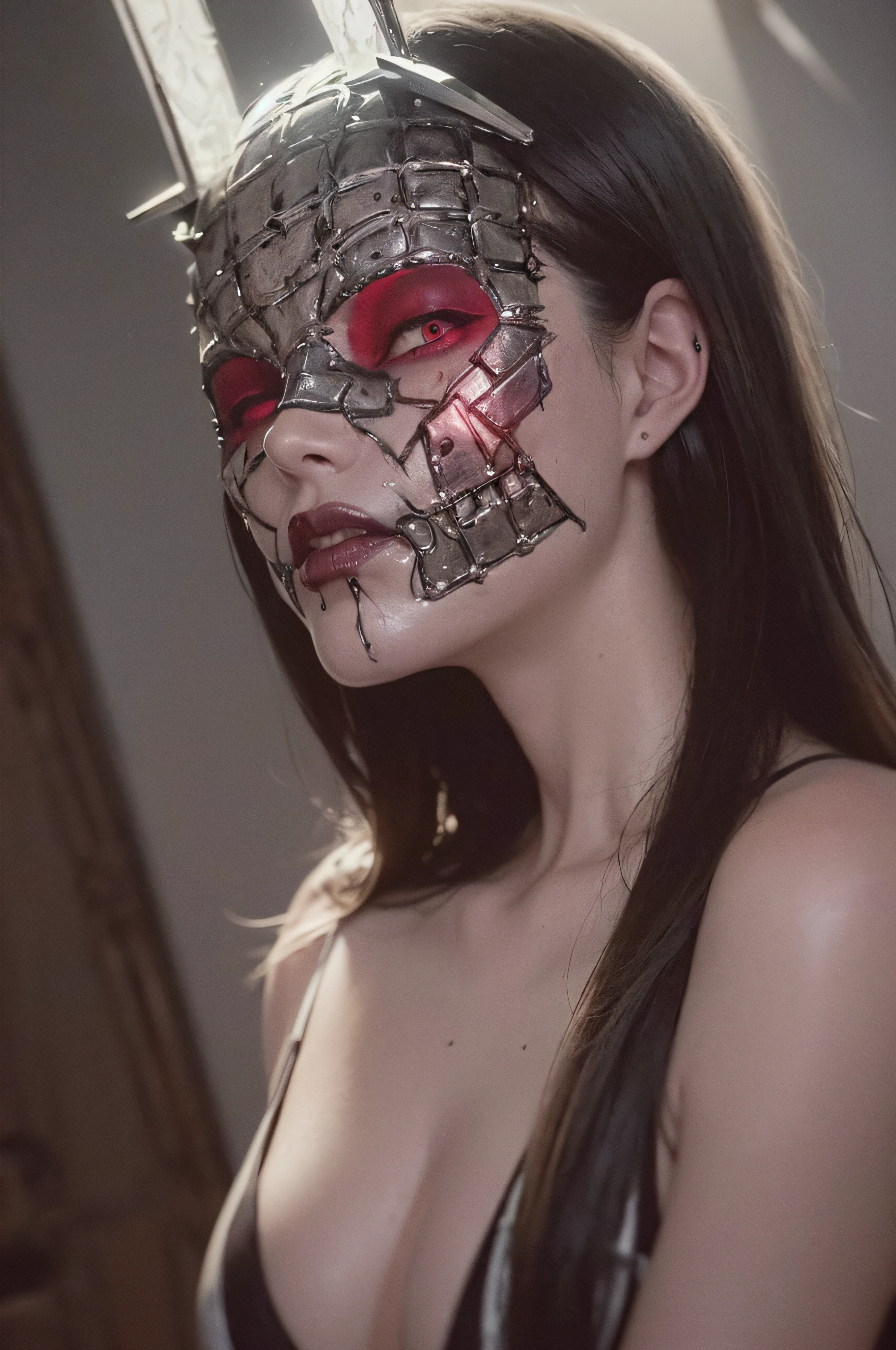 "(The best lighting, oscuro, dramatic),(feto calavera alien, Hellraiser, Cicatrices, , sexy, cerebro, sangre, una rata dentro de la cabeza, terror.),(ojos rojos, calaveras). morning light.