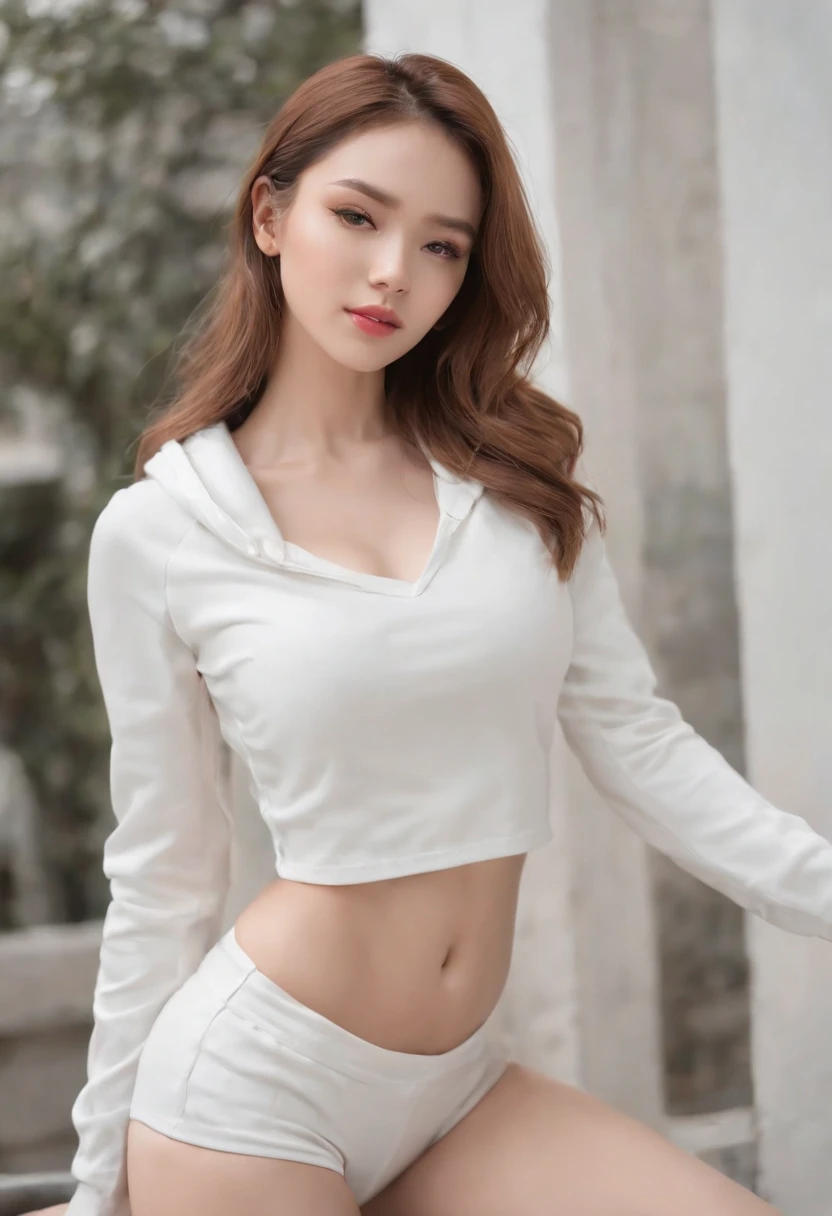(solo), (a detailed full-body RAW photo), (masterpiece: 1.0), (best quality: 1.4), (ultra highres: 1.2), (photorealistic: 1.4), 8k resolution, Canon EOS R5, 50mm, absurd, ultra detailed, (28yo), sharp focus, cinematic lighting, beautiful detailed face, (ulzzang-6500-v1.1), detailed skin texture, pale skin, flat chest, (lean and fit body: 1.5), thigh opening, detailed red hair, (messy hair:1.2), smiling, (white top, white sports leggings:1.5), (nipple: 1.5), realistic shiny skin, (street 15:1.2), (cameltoe:1.3), thin waist, smile, sun
