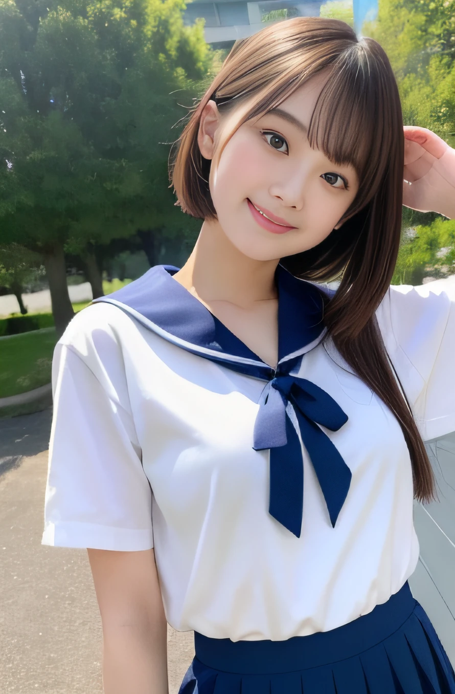 highest quality、High resolution、8k wallpaper、detailed and beautiful eyeedium hair、(beautiful big breasts:1.3)、natural color lip、bold sexy pose、smile、(A woman wearing a white short-sleeved sailor suit-style leotard:1.3)、red tie、20 year old girl、cute、Bedroom、sit on bed