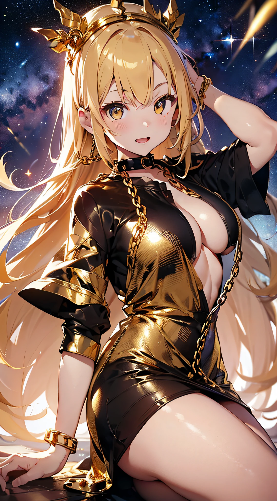 top-quality、Top image quality、​masterpiece、girl with((20yr old、Best Bust、big bast、Bust 85,beautiful golden eyes、Breasts wide open,Blonde long hair、A slender、Large valleys、Tank Tops、Cosmic dress、Gold Bikini、bending forward、Laugh、Proximity to viewers)）hiquality、Beautiful Art、Background with((Evening Party、Golden Chain)))masutepiece、visualart、depth of fields、