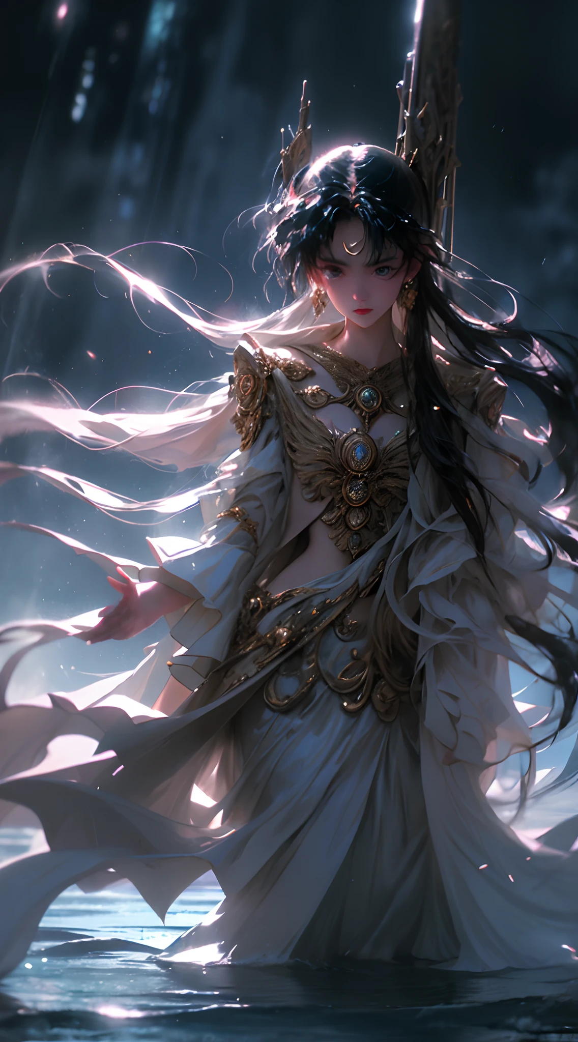 (Masterpiece, Top Quality, Best, Official Art, Beautiful and Aesthetic, Long Exposure: 1.2), Smooth Movement, Fascinating Patterns, 1 Girl, Adult Russian Woman, Freckles, Jade Eyes, Black Lob Hair, Portrait, Solo , upper body, gaze at observer, detailed background, detailed face, (crystallineAI, crystalline theme:1.1), elemental water sprite, spinning water, controlling water, fantasy magician clothes, dynamic pose, floating particles, ethereal dynamics, water , steam, ocean in the background, blue tones, coast, ethereal atmosphere,