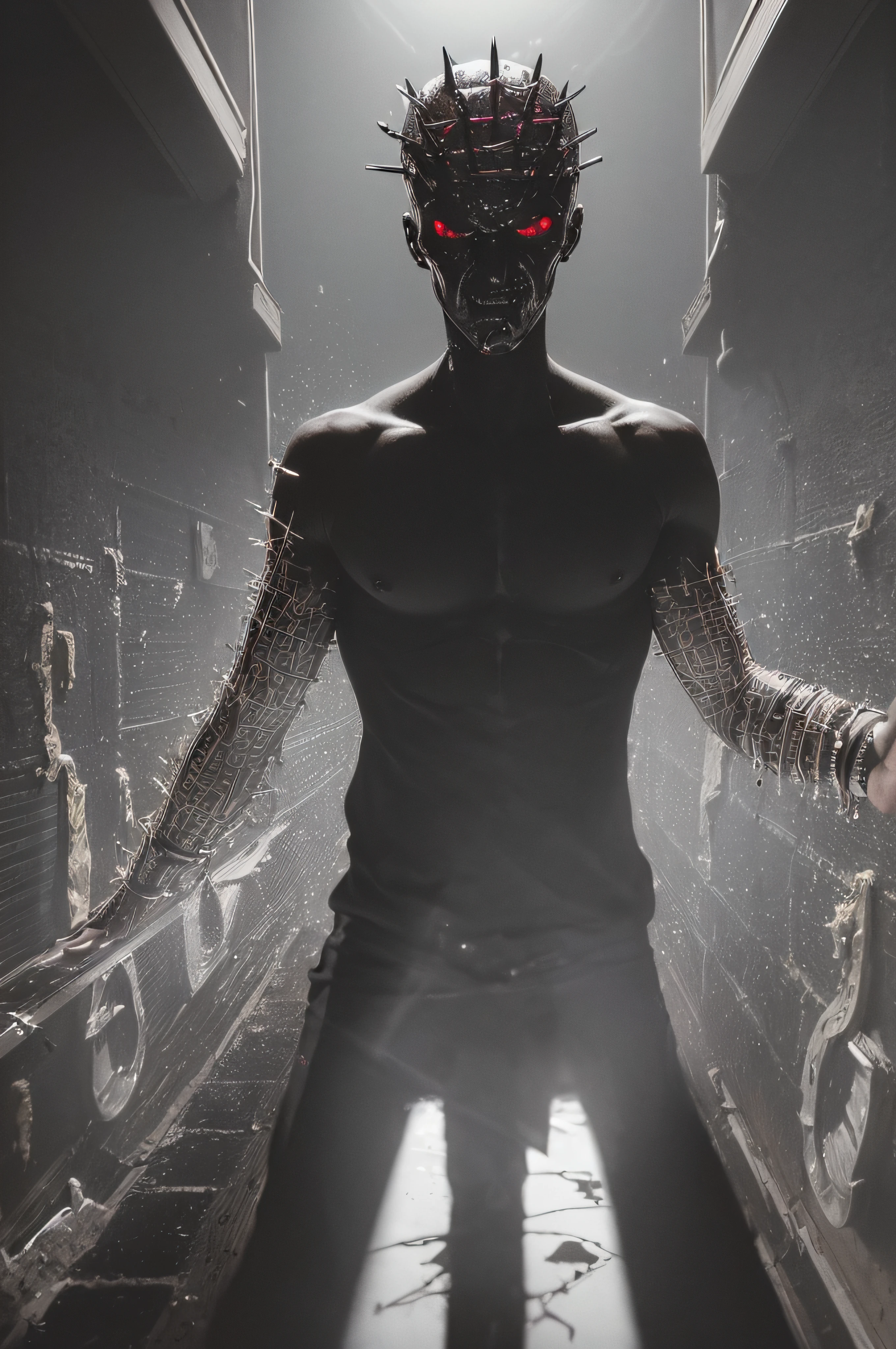 "(The best lighting, oscuro, dramatic),(feto calavera alien, Hellraiser, Cicatrices, , sexy, cerebro, sangre, una rata dentro de la cabeza, terror.),(ojos rojos, calaveras). morning light.
