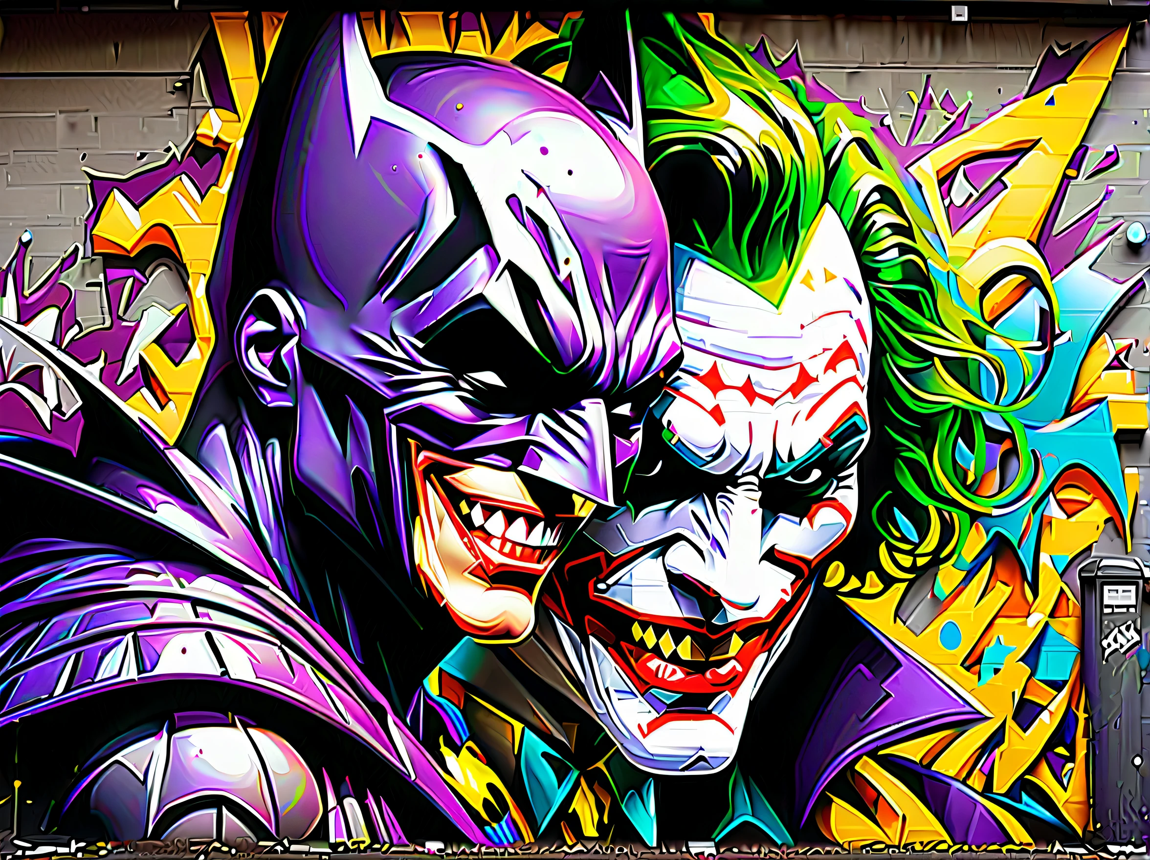 (((Immerse yourself in the colorful and chaotic world of street art as batman emerges stunning and intricate details:1.3))), clash of two iconic comic book characters in a visually stunning and unique style, (((in the pixel sorting Joker graffiti piece in a burst of dark fantasy style:1.4))), (((intricate details:1.4))), (((insane details, delicate details, masterpiece:1.3))), (((radiosity rendered in stunning 32k resolution:1.4))), (((highest quality:1.3))), (((highly quality:1.3))), (((ultimate quality:1.3))), golden ratio,