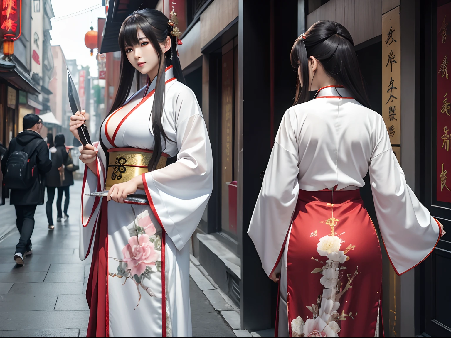 ((tmasterpiece)),(best qualtiy),Big Han,Carrying a large knife on his back,posterior view,anime big breast,Chinese outfit,Hanfu,the street