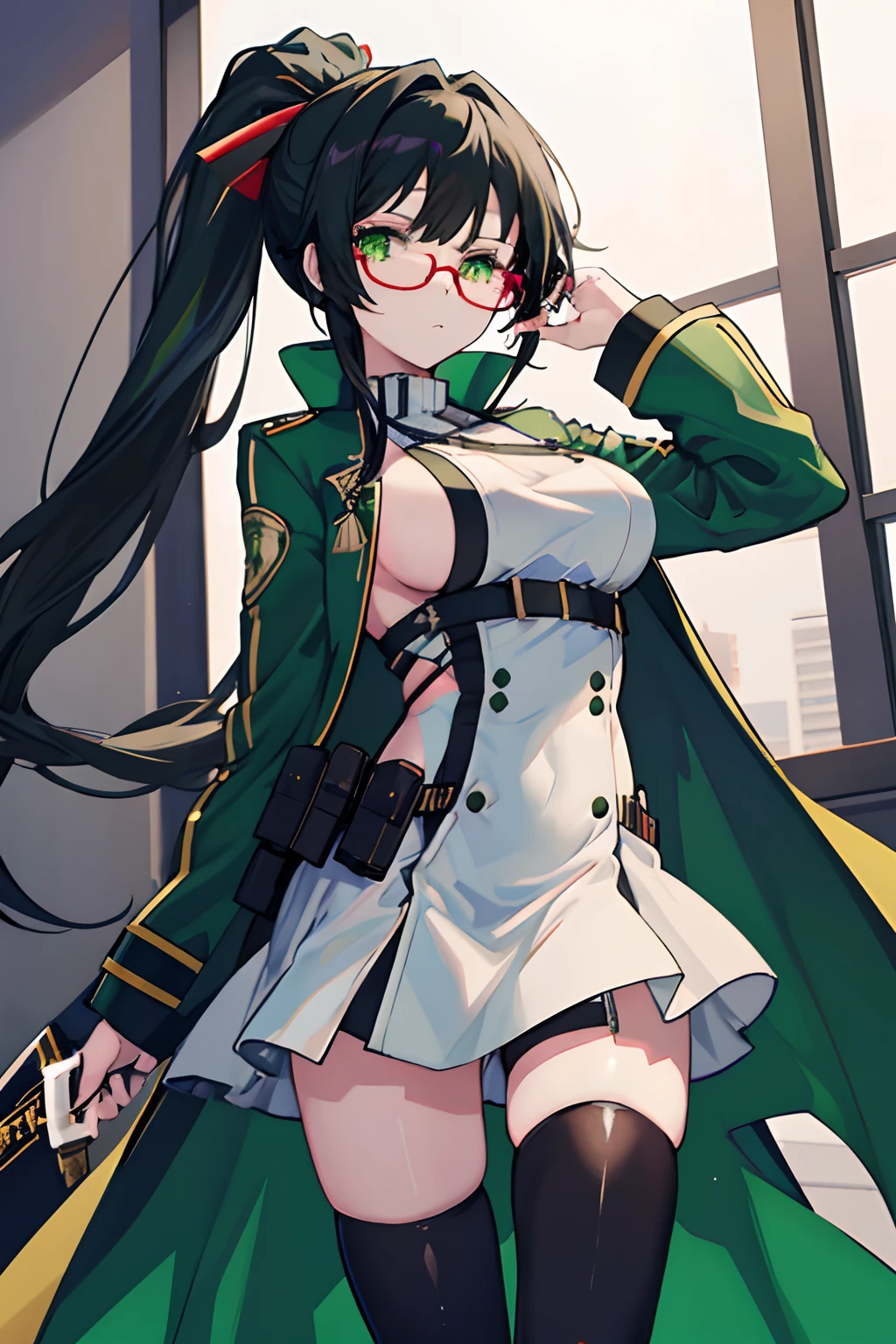 anime girl, black hair, green eyes, ponytail, long hair, green and white dress, side boob window, thigh high, holding a dagger, holster, red glasses, coat