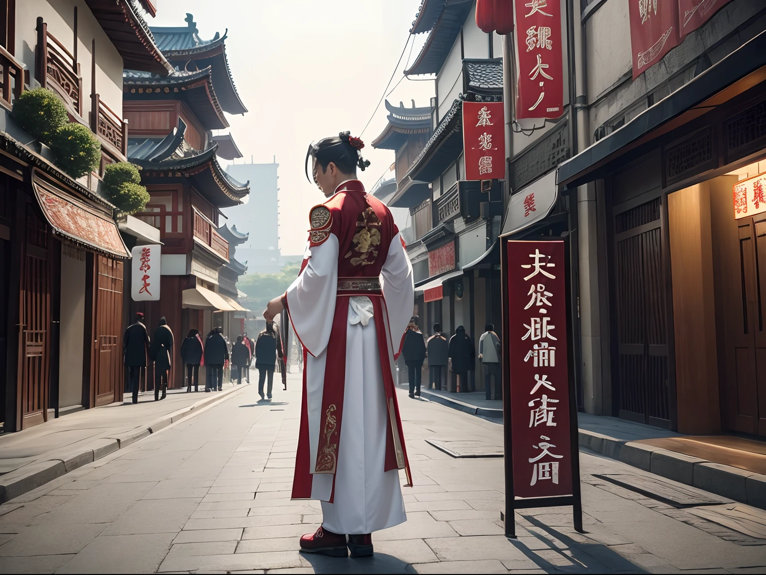 ((tmasterpiece)),(best qualtiy),Big Han,Carrying a large knife on his back,posterior view,anime big breast,Chinese outfit,Hanfu,the street