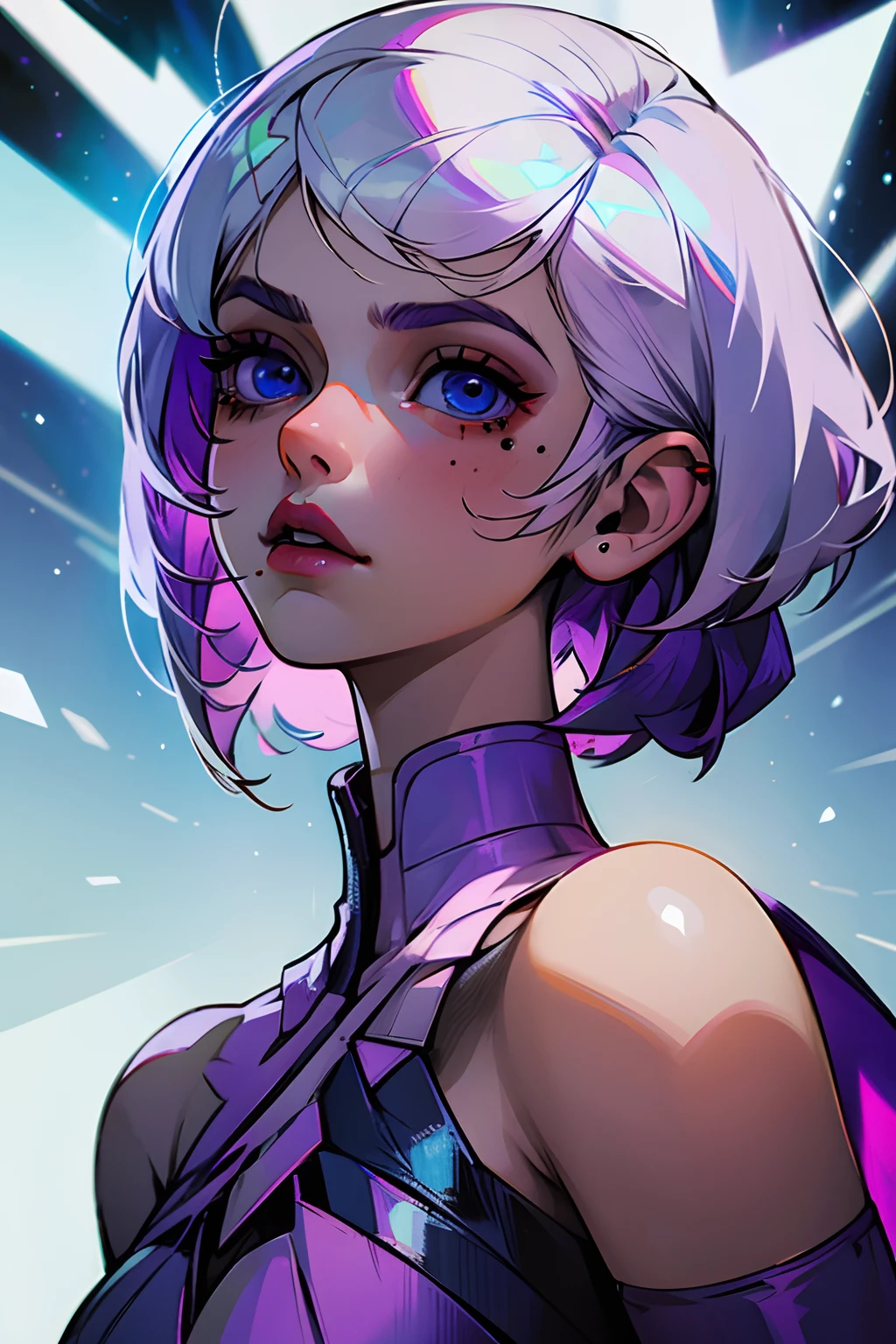 Marvel comic style, girl with white hair and purple gradation, wolfucut hairstyle, pale skin, blue eyes, sharp eyes, mole on the right under lips