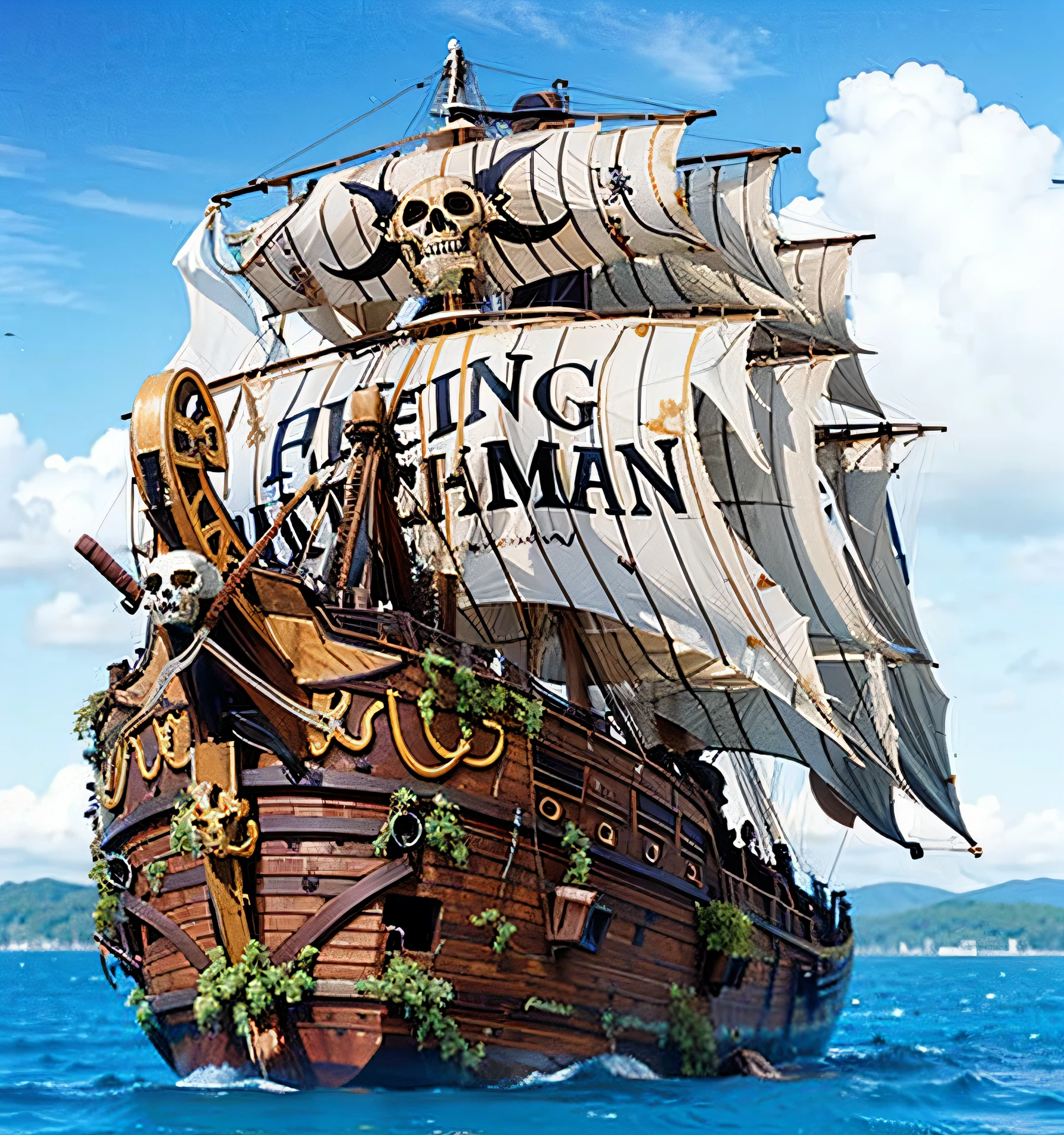 (very big old and damaged wooden ship), brown and metal and ((damaged)) hull, golden head and a skull with 2 swords stabbed diagonally, thin vertical striped grass sails