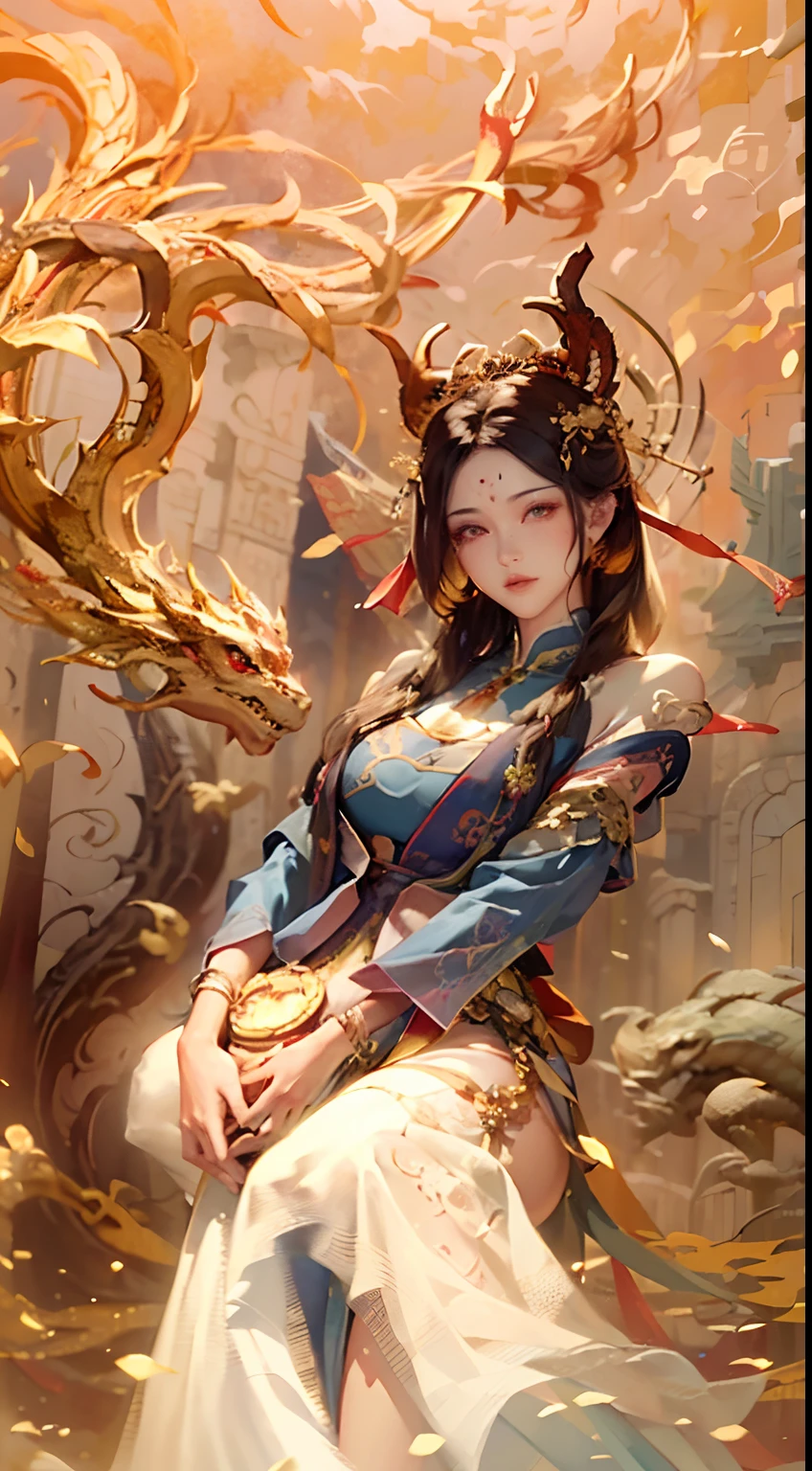 (RAW photos, best quality), (realistic, Photo Realism: 1.3), Extremely Refined and Beautiful, Amazing, Fine Detail, Masterpiece, Ultra Detail, High Resolution, (Best Illustration), (Best Shadow), Intricate, (in a crimson gold Chinese dragon, surrounded by gold dust, black flowers, trees, petals, wind, God, long wavy body, fangs, fantasy, mythology, high quality, highly detailed, masterpiece, epic, particle effects, dynamic effects, (Dragon: 1.4 in front of), clouds, storms, mountains, sunsets, clear focus, volumetric fog, 8k Ultra HD, DSLR, High quality, (Film grain: 1.4), Fujifilm XT3,Official Art, Unity 8K wallpaper, Ultra detailed, Beautiful and beautiful, Best quality, (Zen entanglement, tangled, entangled), (fractal art: 1.4), 1 girl, brunette hair, Chinese, bare shoulders, short skirt, calf, navel, very detailed, dynamic angle, denim lens, (most beautiful chaotic shape), flow, (bright colors), OC, (half: 1.2), china, (tape: 1.3), (Dream: 1.5), (Hanfu: 1.5), Chinese Dragon, (Smile: 0.5), (Chinese God), Realistic, Ultra High Resolution, Complex, Ultra Detailed, (Skin Dents), Female, Detailed Body, (Detailed Face: 1.1), (Contoured Iris), (Watercolor Lenses), (Perfect Eyes), 4K, Gorgeous, (Masterpiece: 1.2), (Best Quality: 1.2), Wide Buttocks, Thick Thighs, (Big Tits: 1.2) and (Big Tits: 1.2), Debauchery, Seductive pose.