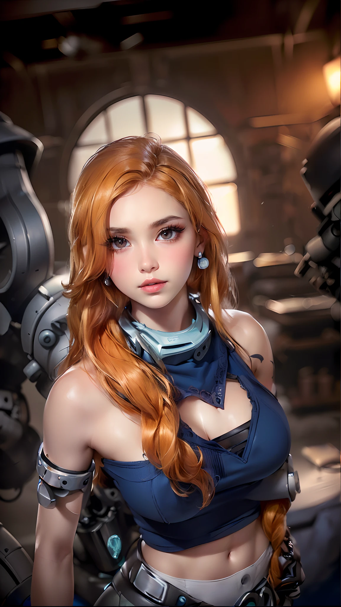 (masterpiece, best quality:1.4), (beautiful, aesthetic, perfect, finely, delicate, intricate:1.2), (cute, adorable), (depth of field:1.2), (realistic:1.3), cinematic shot, dim light, mood lighting, teasing, (1girl, solo), perfect female form, (perfect face, detailed face, full lips, glossy lips, blush, eyeliner, expressive eyes), (blonde hair, thick braid), (natural breasts, narrow waists, midriff, navel), hands on hips, (white tanktop), short shorts, gloves, tattooed arms, (mechanical workshop, workshop:1.4), (engines, machines on background:1.4), (cowboy shot),