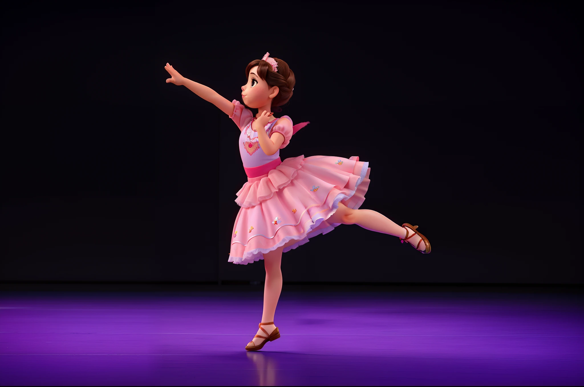 Uma pequena bailarina usa vestido rosa e coroa. Faz um salto no meio de um palco. Criar imagem estilo Pixar
