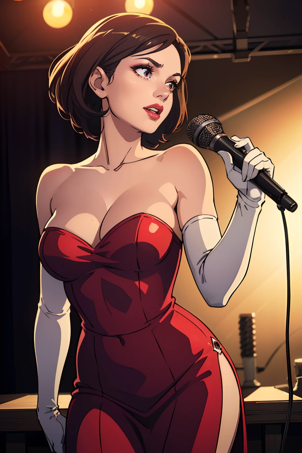 (best quality,4k,8k,highres,masterpiece:1.2),ultra-detailed,(realistic,photorealistic,photo-realistic:1.37), vibrant colors, stage spotlight, vintage microphone, elegant hair, graceful pose, dynamic atmosphere, stylish interior, classic jazz era vibes, captivating performance, soulful expression, animated jazz band, rhythmic music, passionate singing, microphone stand, energetic crowd, glamorous ambiance, seamless visual composition, enchanting red lighting, annette_war, in a red dress, long white elbow gloves, wearing red lipstick, wearing light purple eye shadow, wearing makeup, holding old 1920s microphone, jazz club background, singing