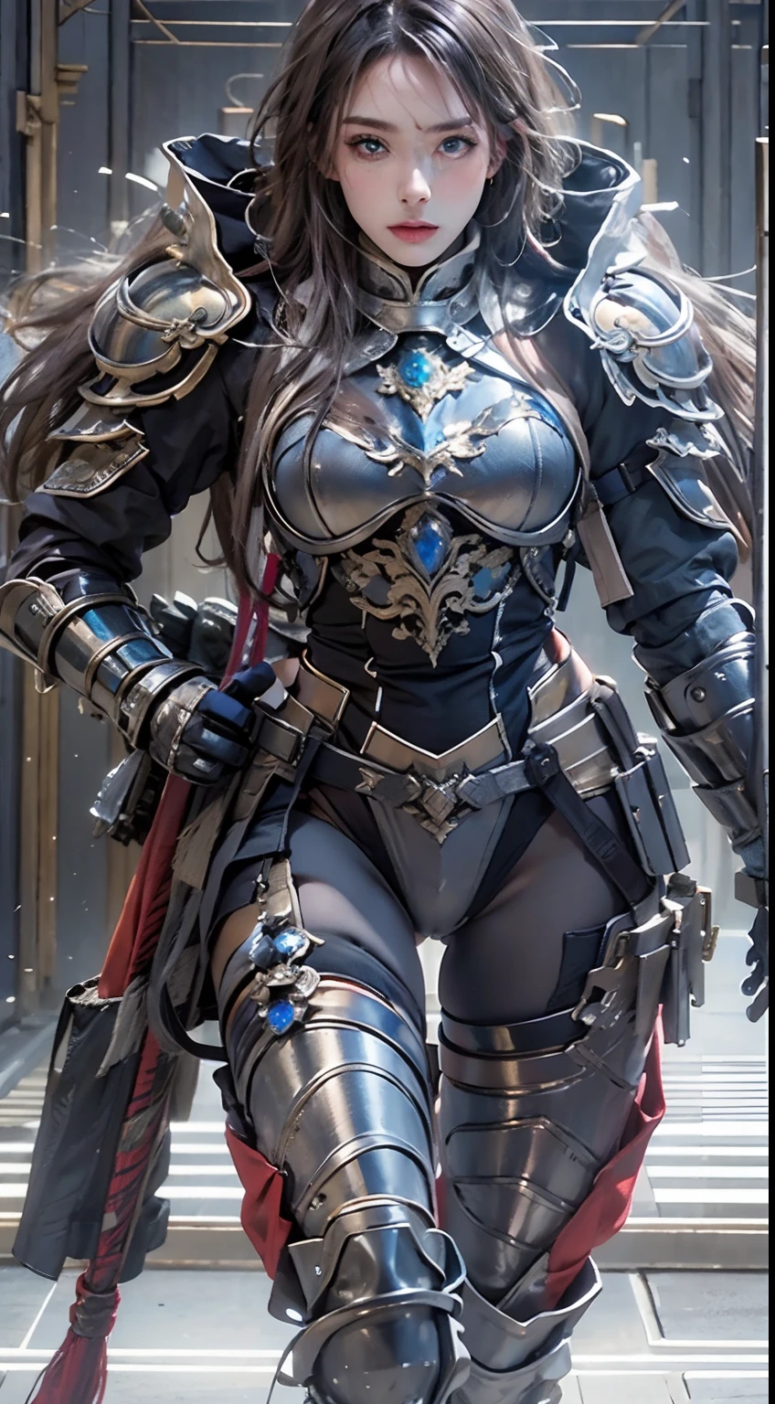 photorealistic, high resolution, soft lights, 1women, solo,blue eyes, full body armor