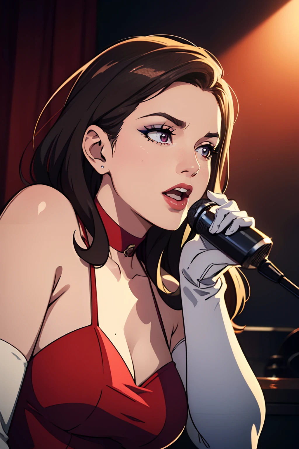 (best quality,4k,8k,highres,masterpiece:1.2),ultra-detailed,(realistic,photorealistic,photo-realistic:1.37), vibrant colors, stage spotlight, vintage microphone, elegant hair, graceful pose, dynamic atmosphere, stylish interior, classic jazz era vibes, captivating performance, soulful expression, animated jazz band, rhythmic music, passionate singing, microphone stand, energetic crowd, glamorous ambiance, seamless visual composition, enchanting red lighting, annette_war, in a red dress, long white elbow gloves, wearing red lipstick, wearing light purple eye shadow, wearing makeup, holding old 1920s microphone, jazz club background, singing