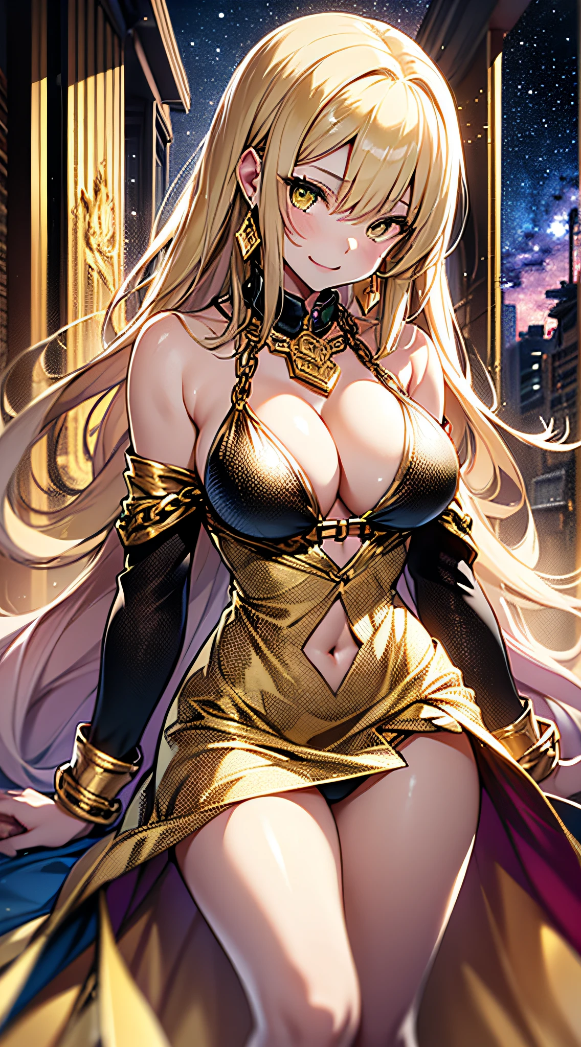 top-quality、Top image quality、​masterpiece、girl with((20yr old、Best Bust、big bast、Bust 85,beautiful golden eyes、Breasts wide open,Blonde long hair、A slender、Large valleys、Tank Tops、Cosmic dress、Gold Bikini、bending forward、Laugh、Proximity to the audience)）hiquality、Beautiful Art、Background with((Evening Party、Golden Chain)))masutepiece、visualart、depth of fields、