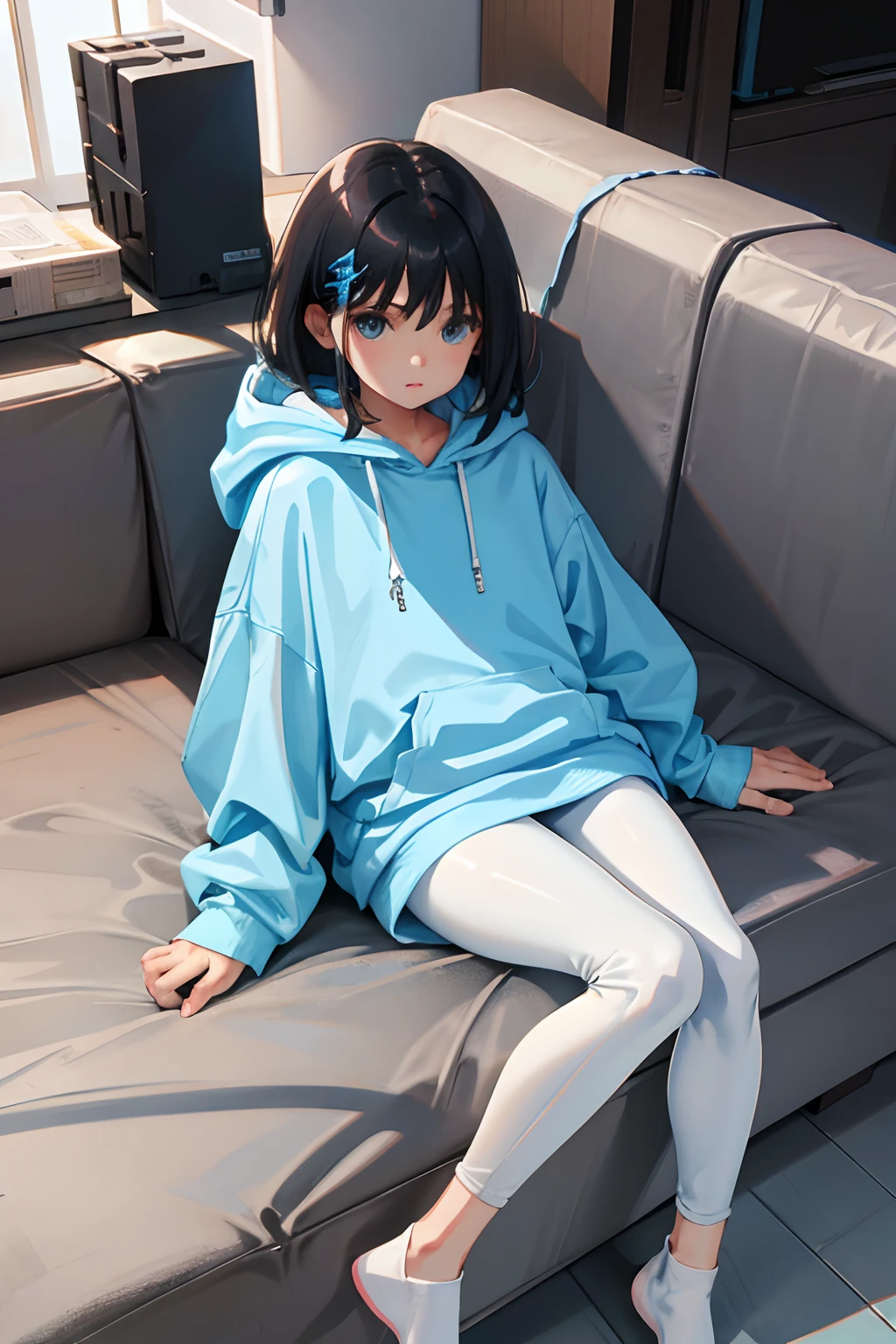 child，（​masterpiece，Highest Quality），Light blue hoodie with short sleeves，leggins，A dark-haired