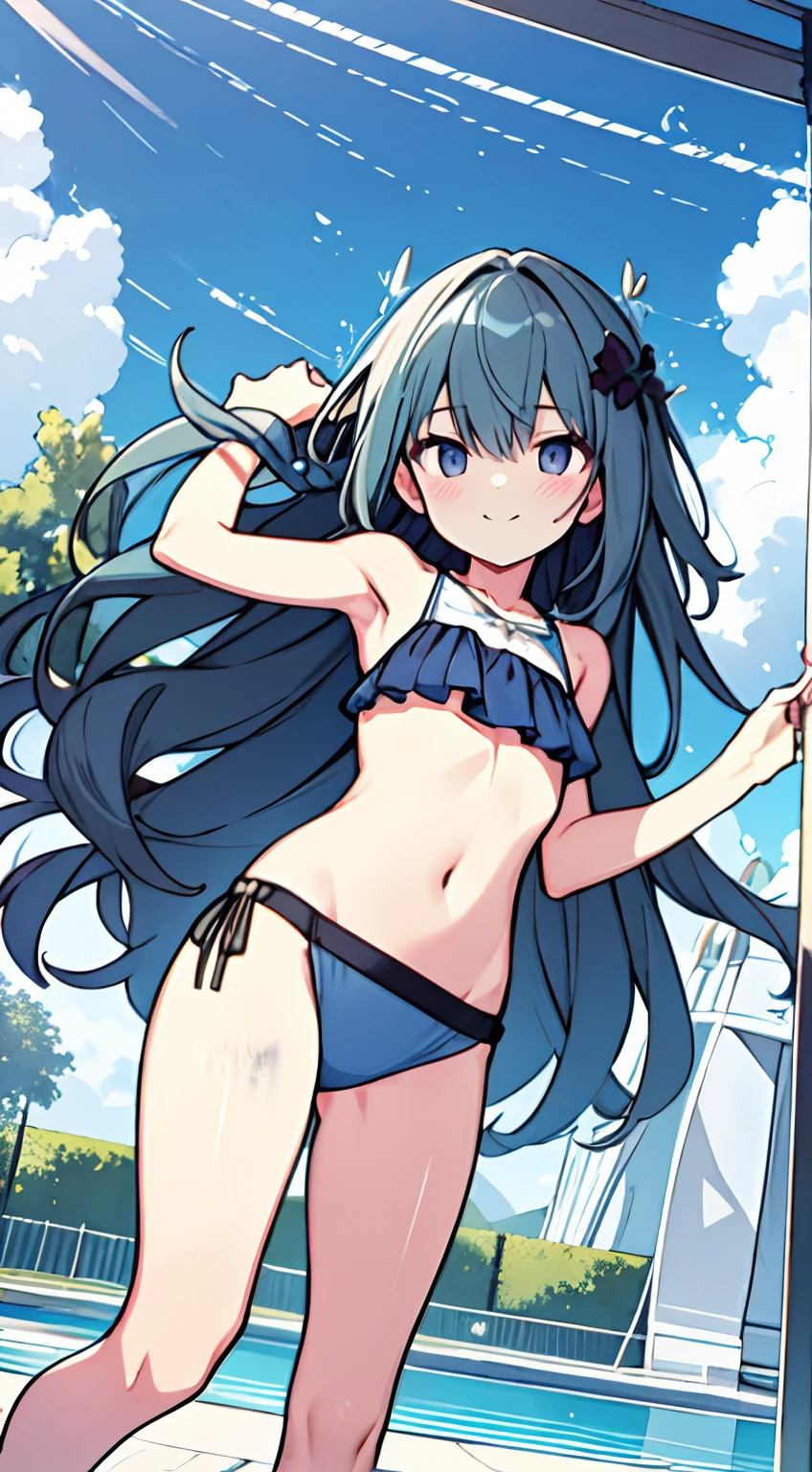 masuter piece, Best Quality,32K、Wallpaper, ultra -detail, Absurd beauty, 1beautiful girl、Big crisp eyes、Hair fluttering in the wind、Slender legs、Smaller head、miscievous smile、Angle looking up from below:1.3、♡♡♡、Poses in motion、The bikini、swimming pools:1.3、ample breasts