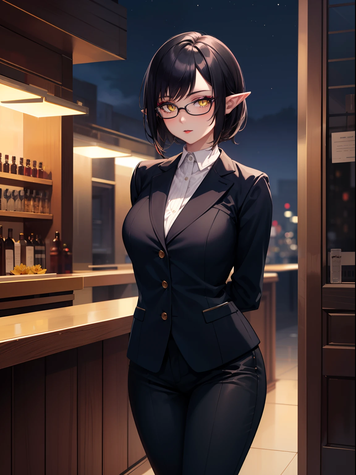highres, masterpiece, perfect ligthing, bloom, cinematic lighting, adult, perfect skin, female,1girl,solo,black hair,half buzzcut,yellow eyes,pointy ears,makeup, black lips ,mature woman, bar,standing,arms behind back,night, glasses, business suit,pants,