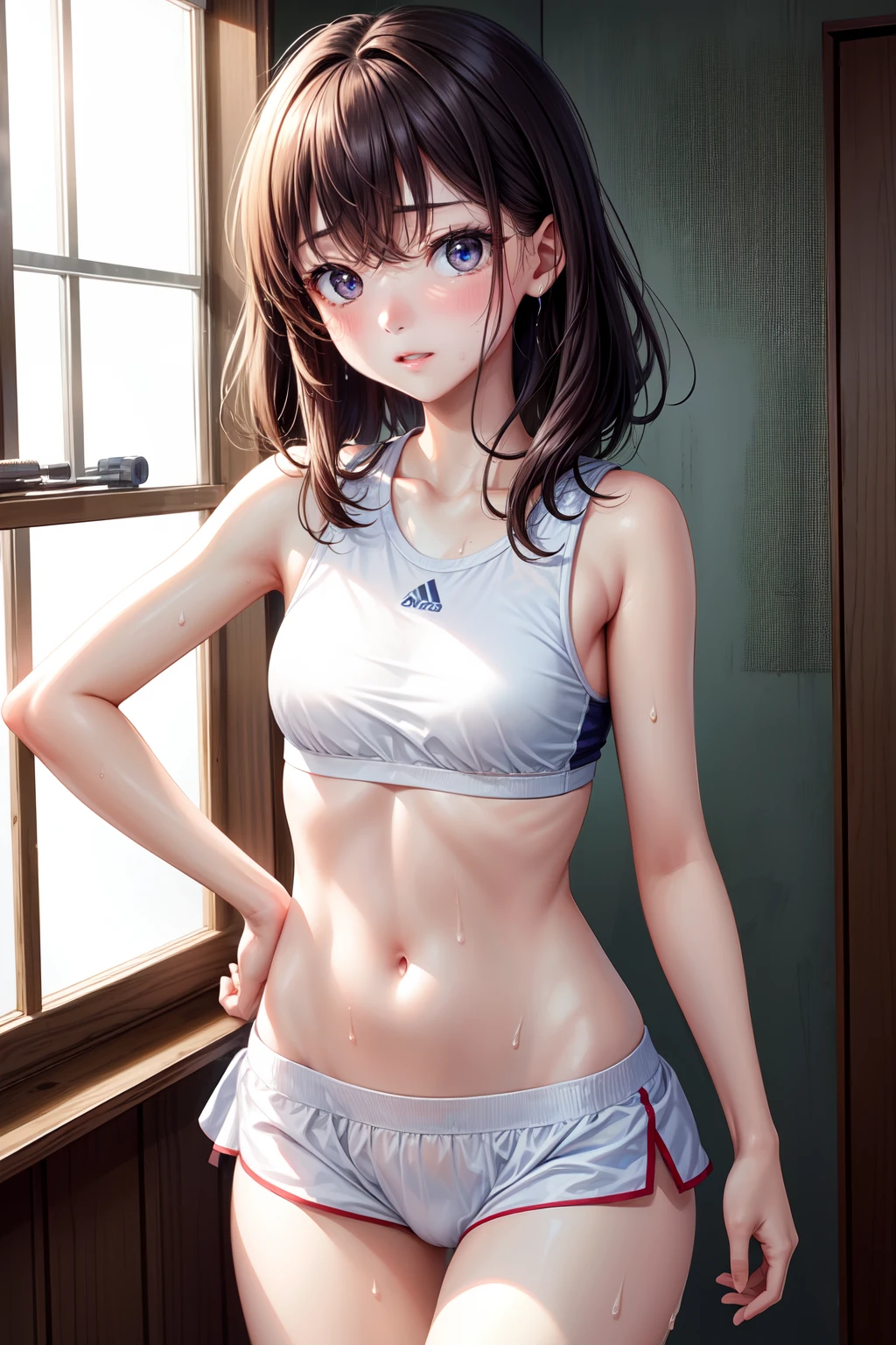 hight resolution, top-quality, ultra-quality, The ultra-detailliert, lighting like a movie、Wearing sweat、full of sweat、small tits、Slender Line、Cheer girl changing clothes in a Western-style room、the morning sun、