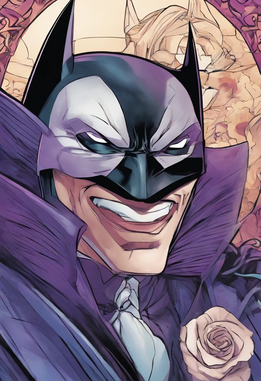 high details, best quality, 16k, [ultra detailed], masterpiece, best quality, (extremely detailed), head shot of Batman but the face behind the mask belong to the Joker, masculine face, white face make up, purple lipstick, (black bat mask: 1.3), (black bat armor: 1.2) Ultra detailed, best quality,