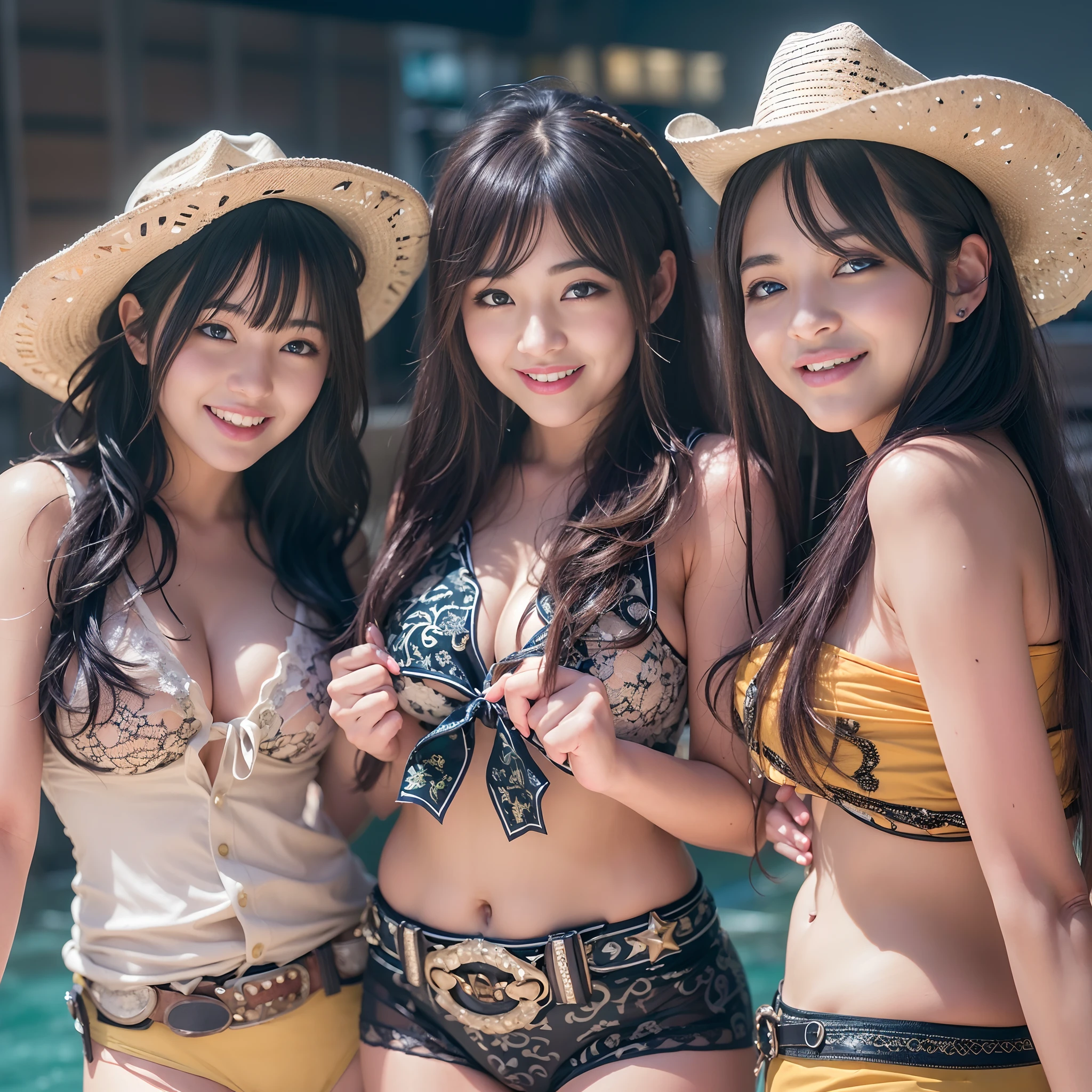 ((best-quality, masutepiece, ultra high resolution, (Photorealsitic:1.4), Raw photo, ultra-detailed)), ((((((3girls, cowboy shot)))))),
group of Japanese idols having fun and laughing out loud in night pool, All members of Japan's most popular idol group, All of them are wearing only colorful bikinis with cute designs,
((All insanely cute faces like Japan idols, Amazingly beautiful big black eyes, All beautiful cleavages)), All beautiful bodies, All beautiful thighs, all beautiful knees, all beautiful hips, all beautiful legs,
All the detailed faces, All the detailed eyes, All detailed hair, All Detailed Breasts, All Detailed Bodies, All detailed thighs