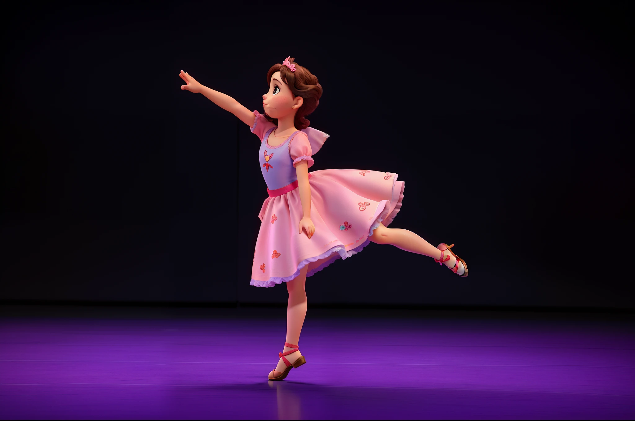 Uma pequena bailarina usa vestido rosa e coroa. Faz um salto no meio de um palco. Criar imagem estilo Pixar