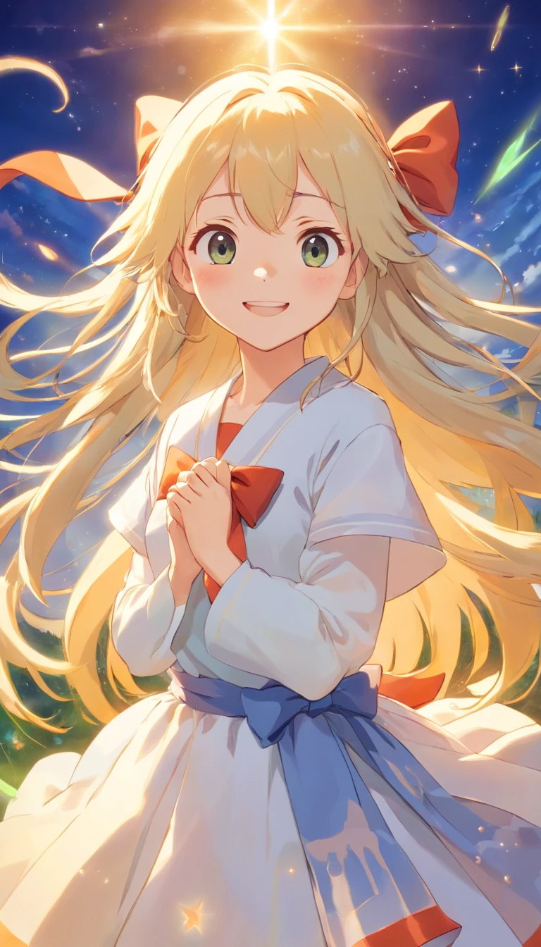 heal，Reject EMO，Very happy，Very happy，Face life with a smile，rays of sunshine，long whitr hair，Large bow