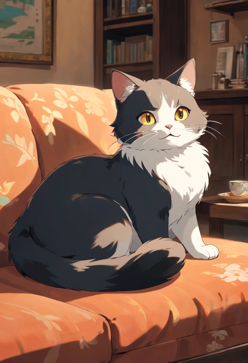 calico cat,Brown, black, white calico cat,Curled up and sleeping,Sleeping on an old sofa for one person,Inside an old building of Showa architecture,Living room with a sense of life,CRT TV,Bear figurine on top of TV,Sunny room,A cat that looks comfortable,yawns,Real image quality,dynamic shadow,8k,An ultra-high picture quality,Detailed coat,Cat with detailed texture,Detailed eyes,