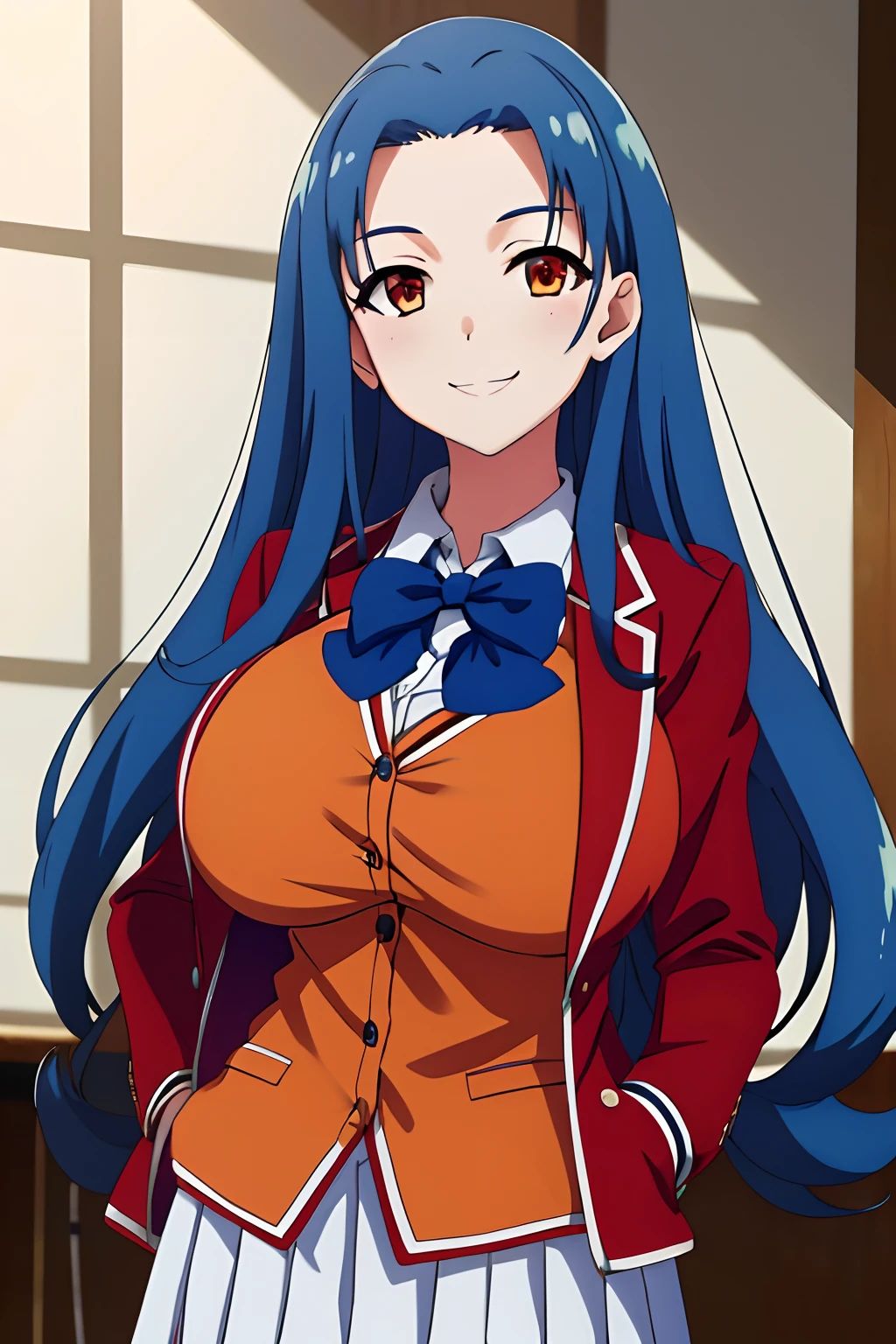 Huge tits, busty, masterpiece, best quality, highres, 1girl haruka hasebe blue hair, school uniform white skirt white skirt red jacket orange vest blue bowtie hands in pockets, smile