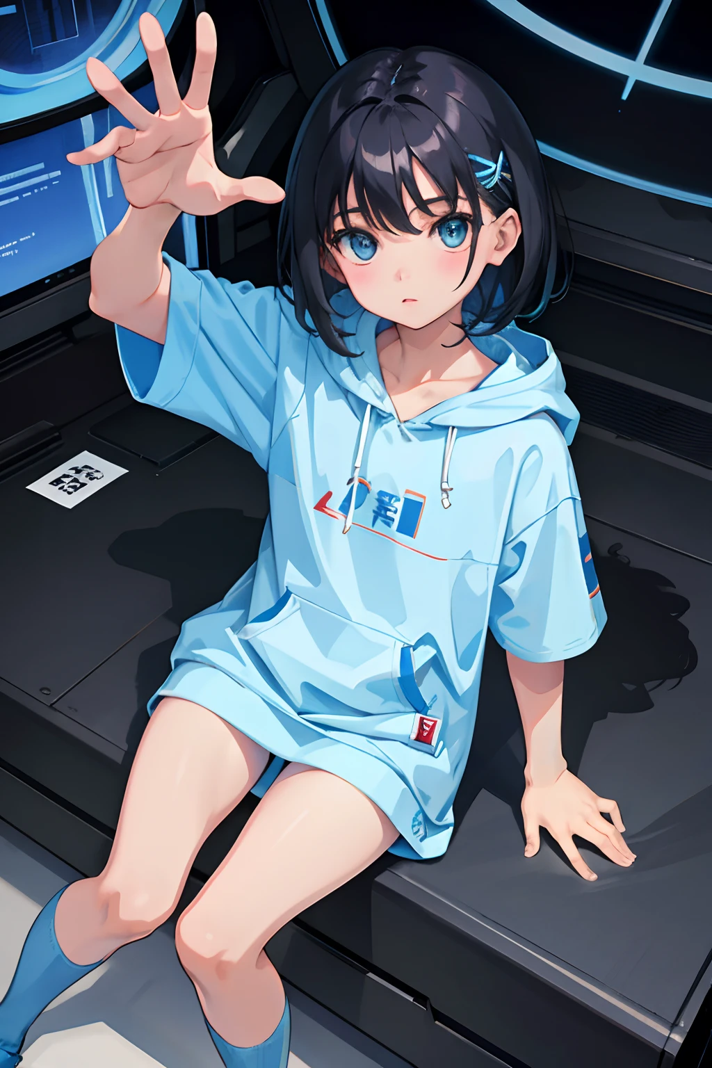 ,(masterpiece,Highest Quality),Light blue hoodie with short sleeves,zettai ryoiki,A dark-haired