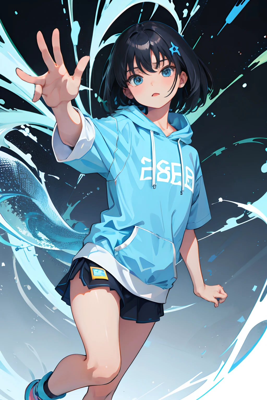 ,(masterpiece,Highest Quality),Light blue hoodie with short sleeves,zettai ryoiki,A dark-haired