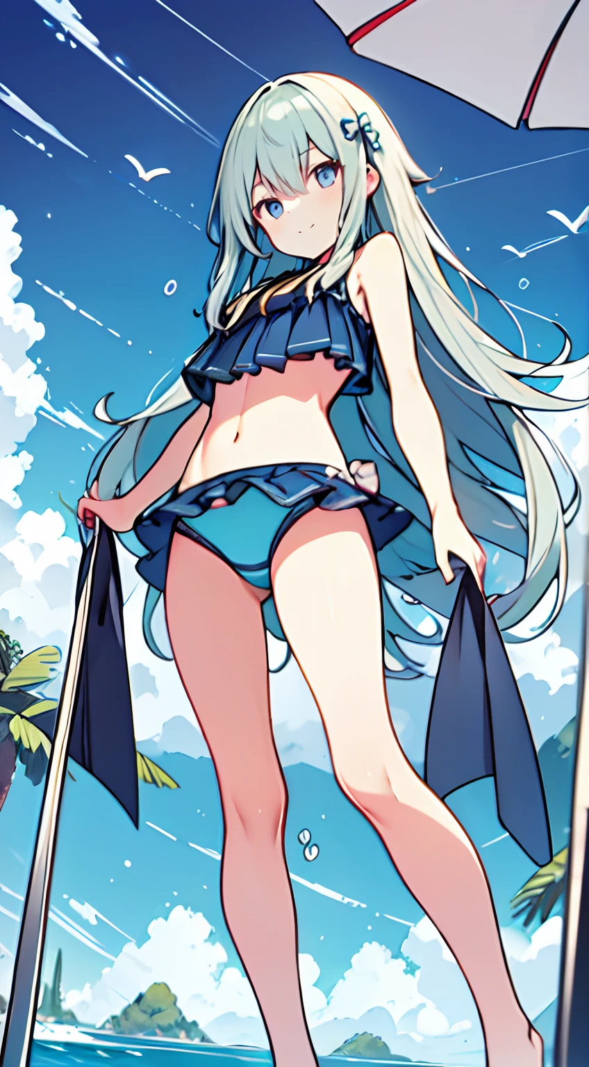 masuter piece, Best Quality,32K、Wallpaper, ultra -detail, Absurd beauty, 1beautiful girl、Big crisp eyes、Hair fluttering in the wind、Slender legs、Smaller head、miscievous smile、Angle looking up from below:1.3、♡♡♡、Poses in motion、The bikini、swimming pools:1.3、ample breasts