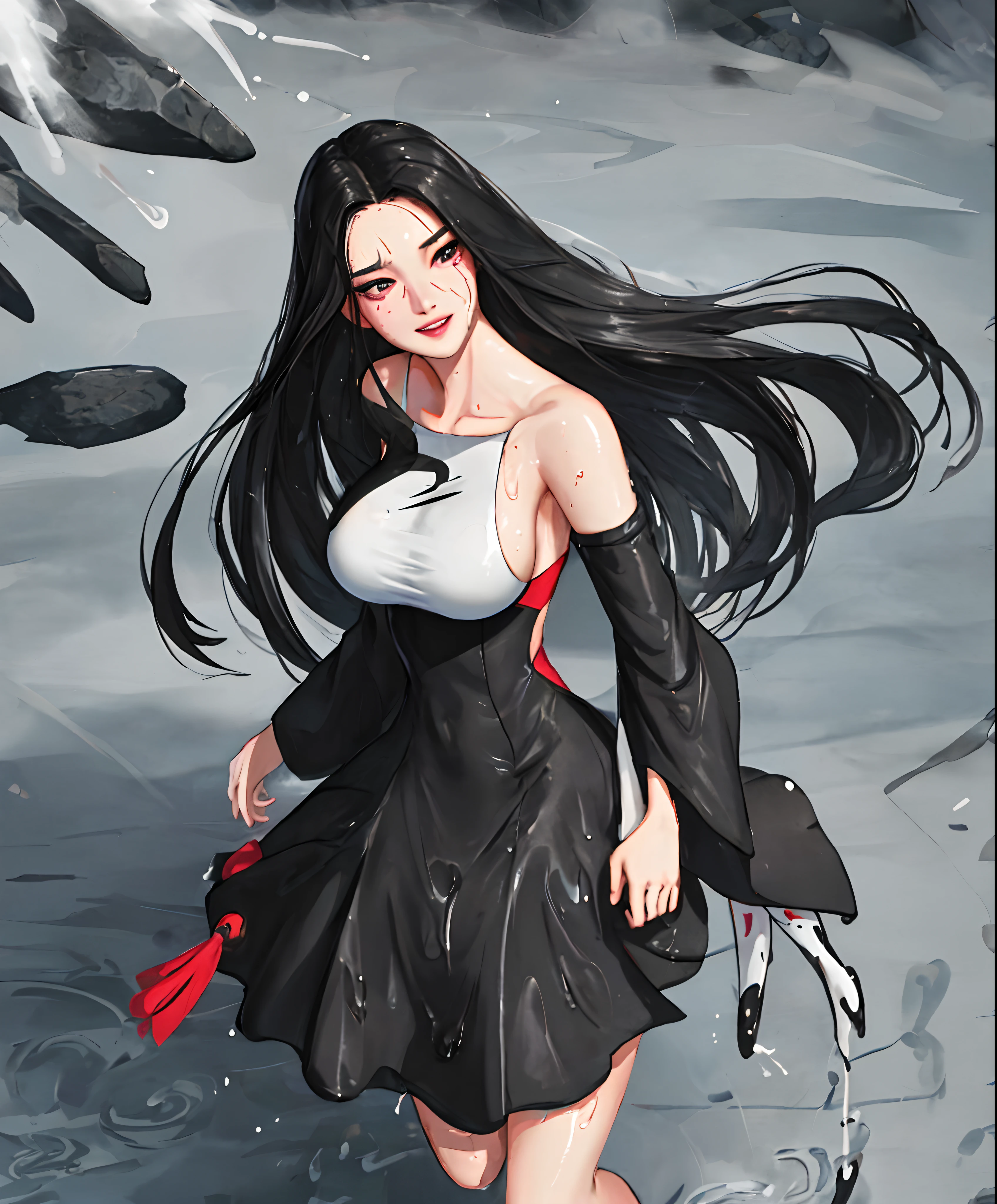 (beste-Qualit, 8K, 12), 1 girl, boa Hancock , long Hair Hair, black hair, giant breast, the perfect body, ultra detail face, detailed lips, Slender Eyes, black dress, standingn, enticing, Excited, convex , , , steam, , trembling, , Looking Up, From directly above, ,  on face, Wet