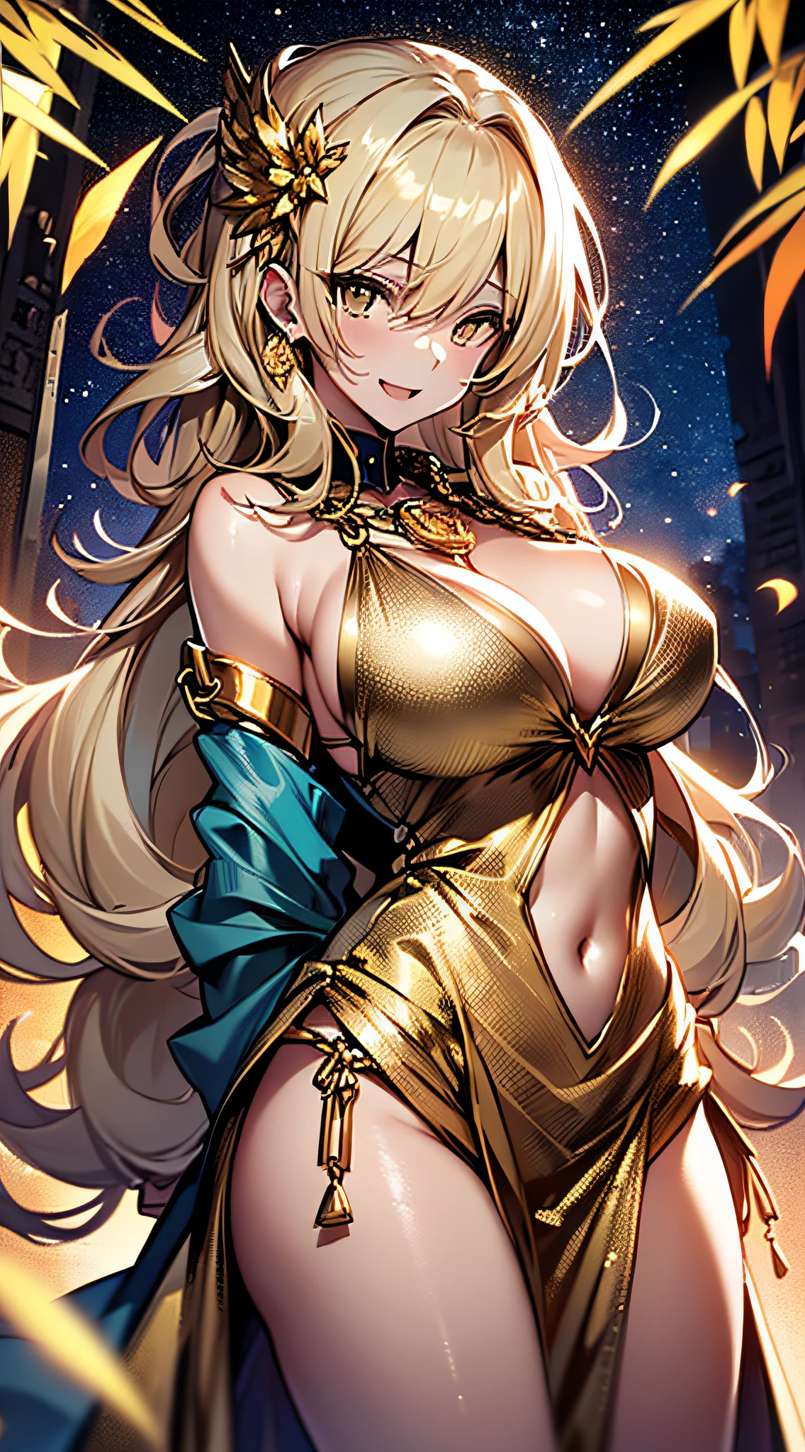top-quality、Top image quality、​masterpiece、girl with((20yr old、Best Bust、big bast、Bust 85,beautiful golden eyes、Breasts wide open,Blonde long hair、A slender、Large valleys、Tank Tops、Cosmic dress、Gold Bikini、bending forward、Laugh、Proximity to fps,emphasizing breasts)）hiquality、Beautiful Art、Background with((Evening Party、Golden Chain)))masutepiece、visualart、depth of fields、