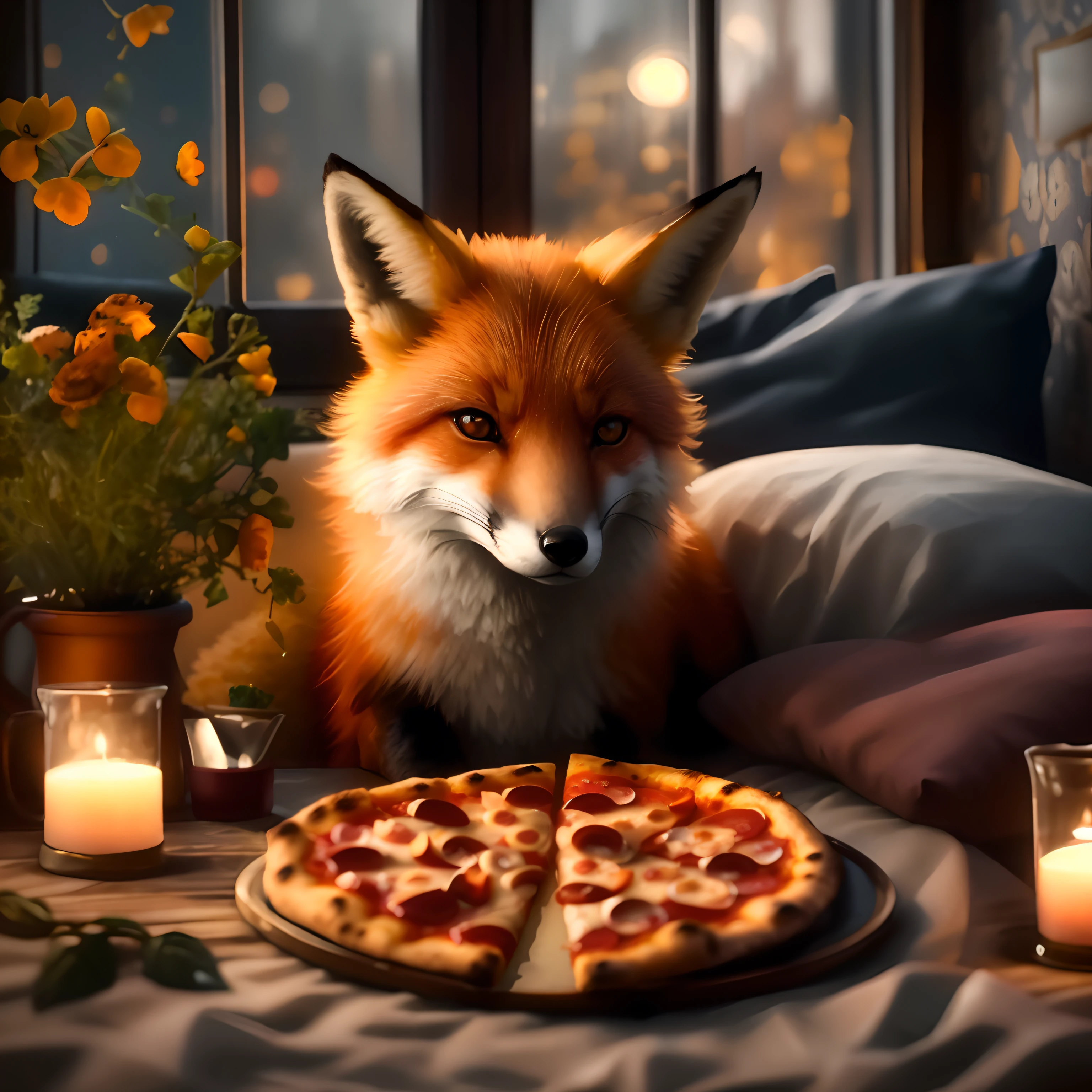 Fox sitting on bed next to pizza, Chewing pizza, Buttercup eating pizza, Cozy wallpaper, Eating pizza, realistic 4k digital art, realistic 4k digital art, cozy atmosphere, A cozy place, Pizza Sharing, Cute fox, ultra realistic picture, cozy atmosphere, realistic art, cozy environment, cozy atmospheric, Eating pizza