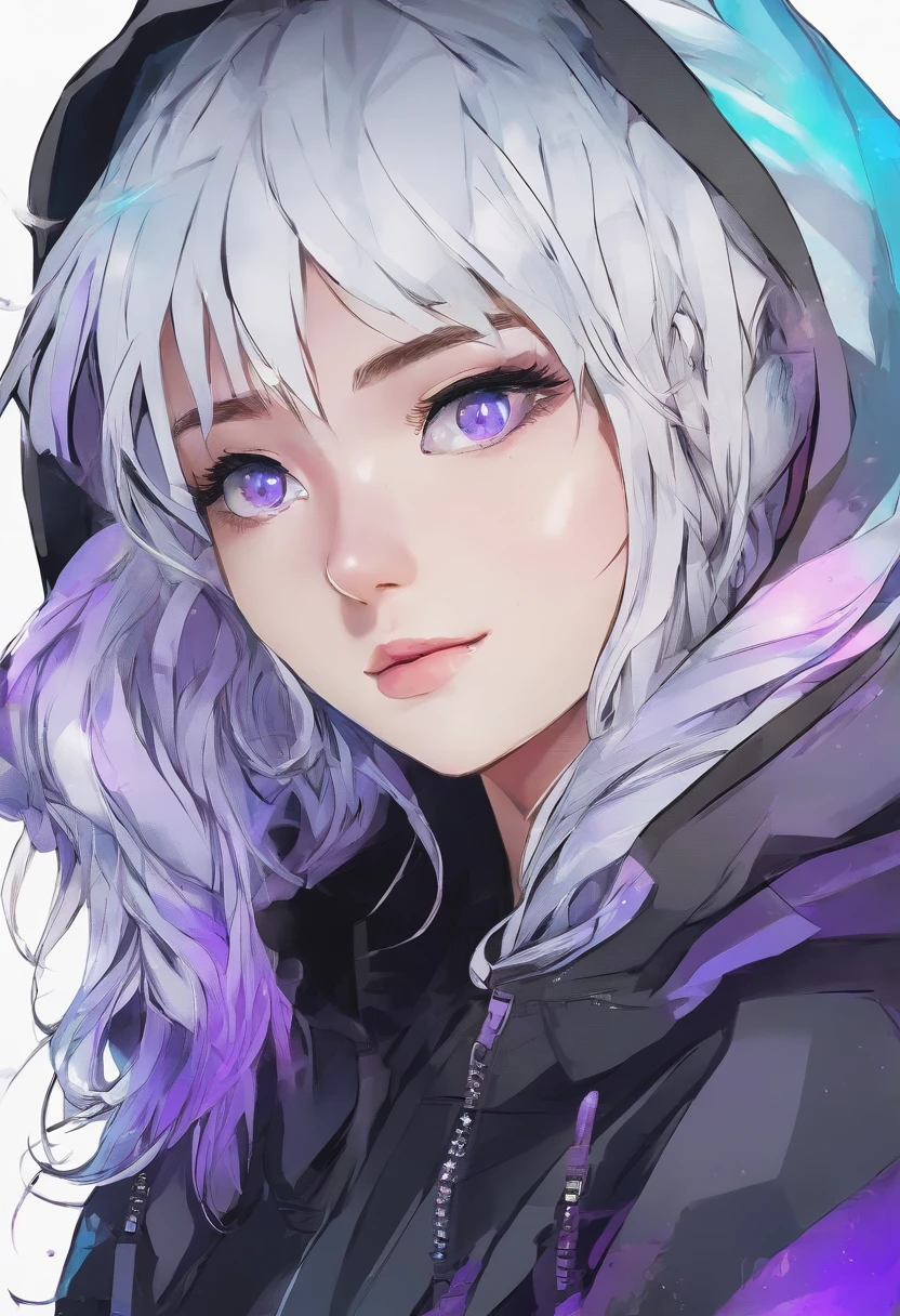 Marvel comic style, girl with white hair and purple, wolfuct hairstyle, pale skin, blue eyes, sharp eyes, mole in her chin, wearing black hoodie
