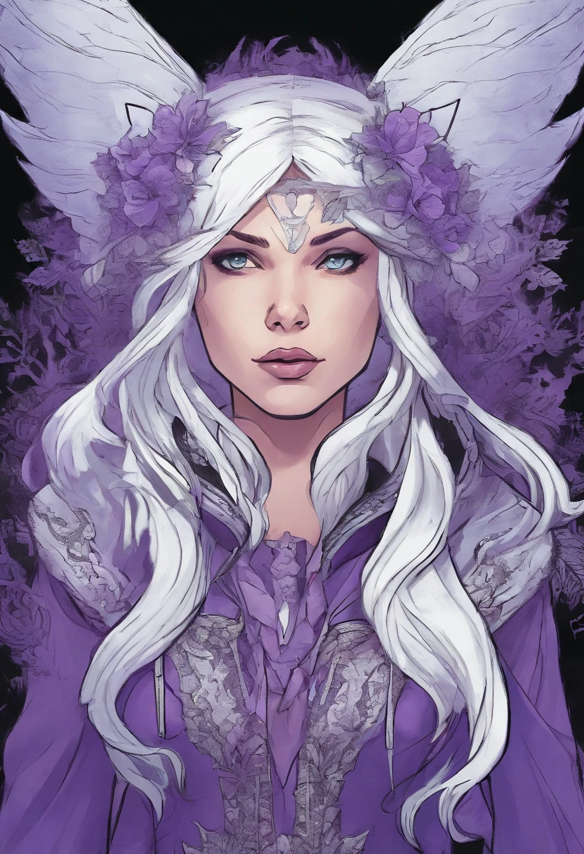 Marvel comic style, girl with white hair and purple, wolfuct hairstyle, pale skin, blue eyes, sharp eyes, mole in her chin, wearing black hoodie