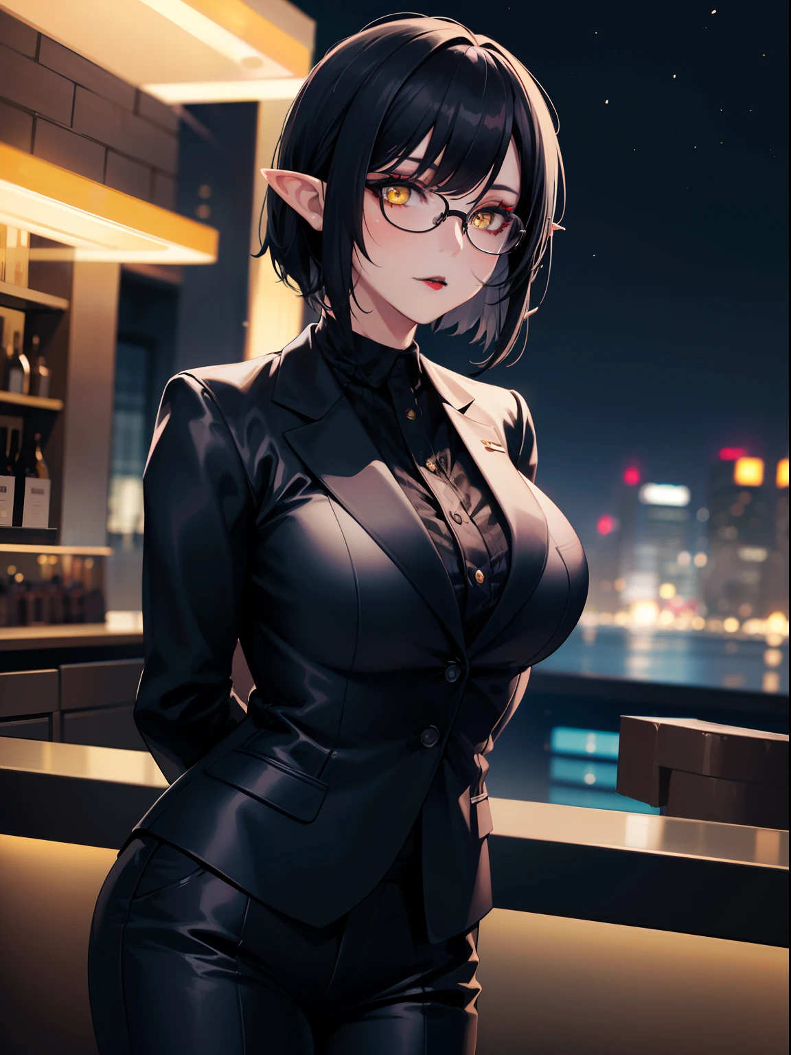 highres, masterpiece, perfect ligthing, bloom, cinematic lighting, adult, perfect skin, female,1girl,solo,black hair,half buzzcut,yellow eyes,pointy ears,makeup, black lipstick ,mature woman, bar,standing,arms behind back,night, glasses, suit,pants,cowboy shot,wind hips,covered nipple,nsfw,underboob