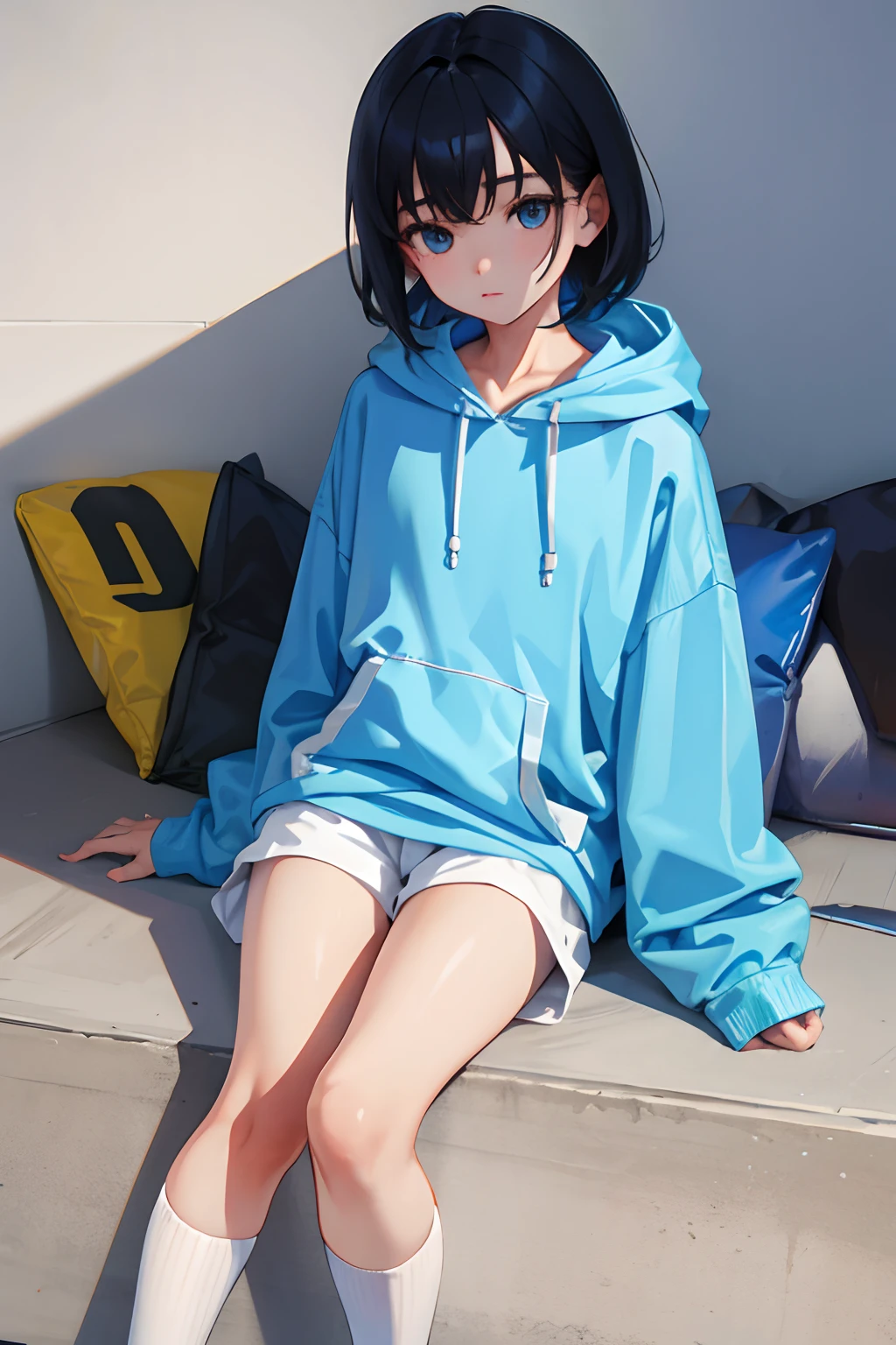 child，（​masterpiece，Highest Quality），Light blue hoodie with short sleeves，high socks，A dark-haired