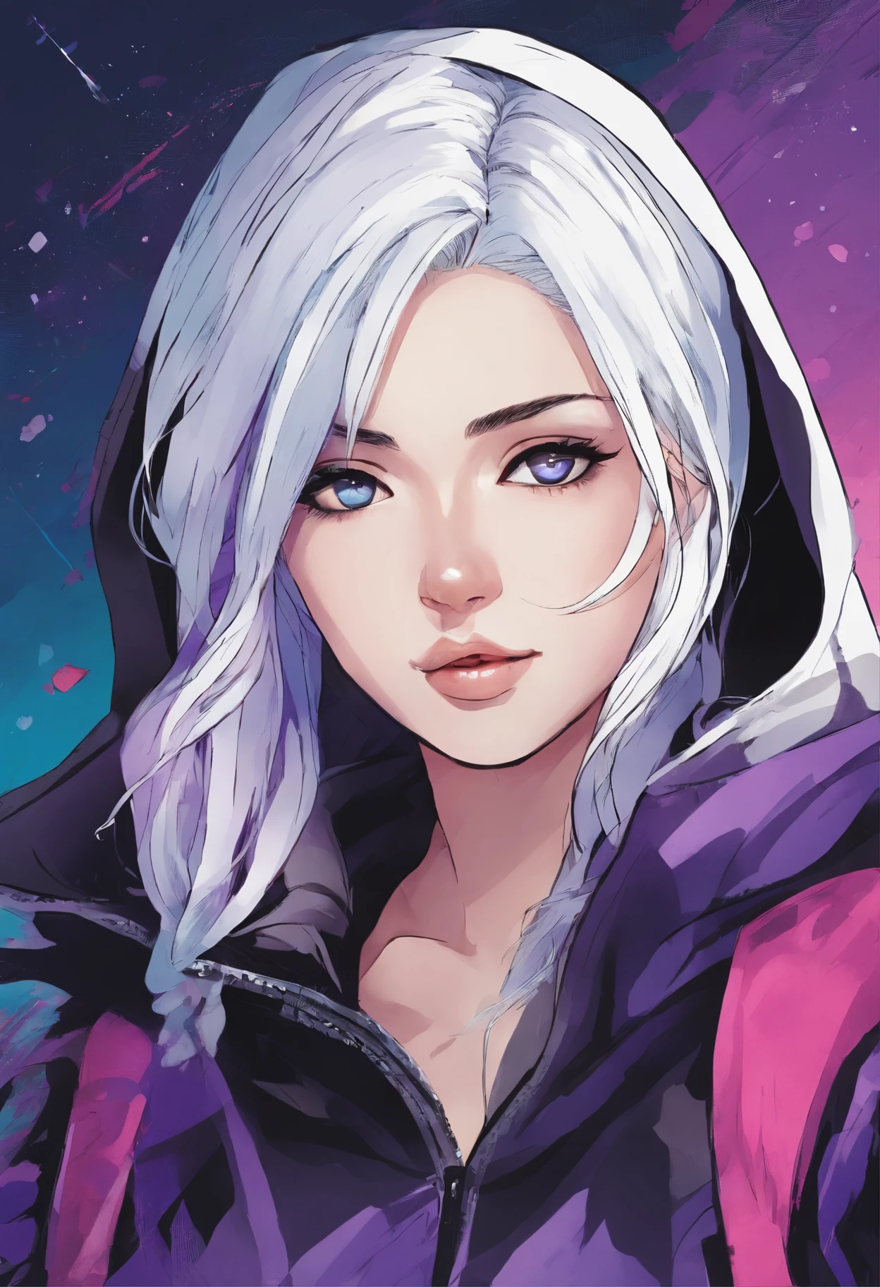 Marvel comic style, girl with white hair and purple, wolfuct hairstyle, pale skin, blue eyes, sharp eyes, mole in her chin, wearing black hoodie