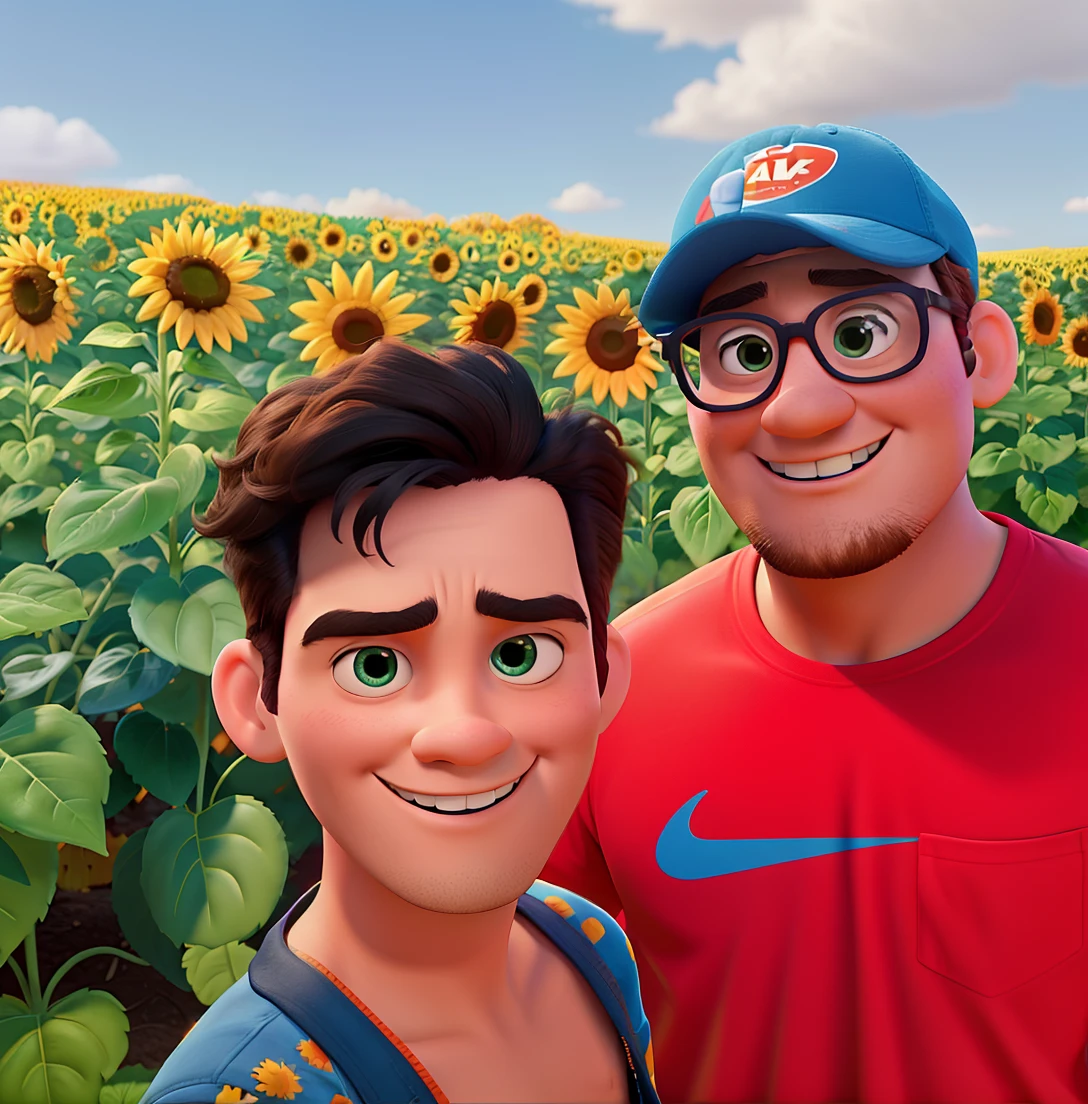there are two Disney Pixar character two men standing in a field of sunflowers, mars ravelo and greg rutkowski, greg rutkowski and ross tran, john park and greg rutkowski, jason chan and gilles beloeil, carlos huante and doug chiang, lee griggs and jason chan, sunflowers in the background, ngai victo and dougherty patrick, Pixar style, 3D, Monster inc style, gay, Toy story style, pixar 3D cartoon, ::style pixar cartoon