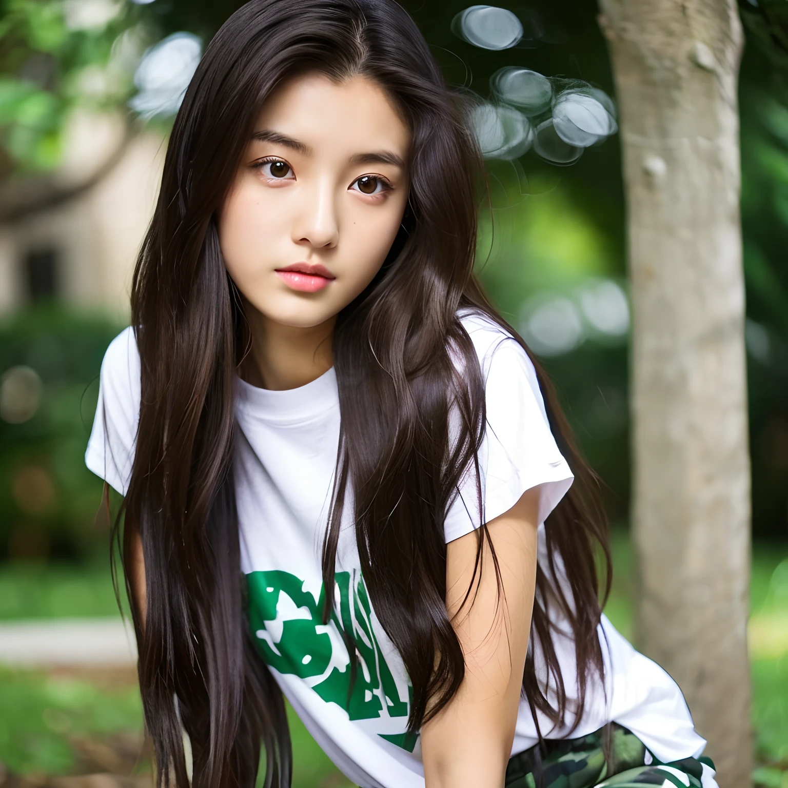 21years old、Beautuful Women、Slimed、Camouflage pants、White T-shirt、Long hair、A dark-haired、Legs are exposed。Arms are thrown forward。Cute eyes。C Cup Bust