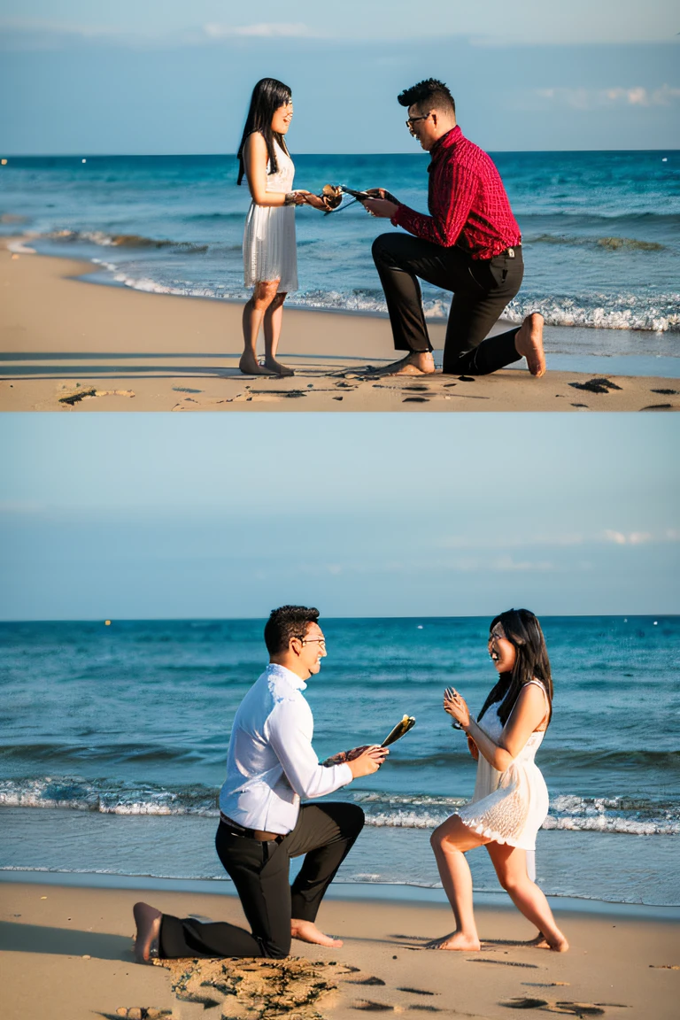 Two men and a woman are in the sea proposing
