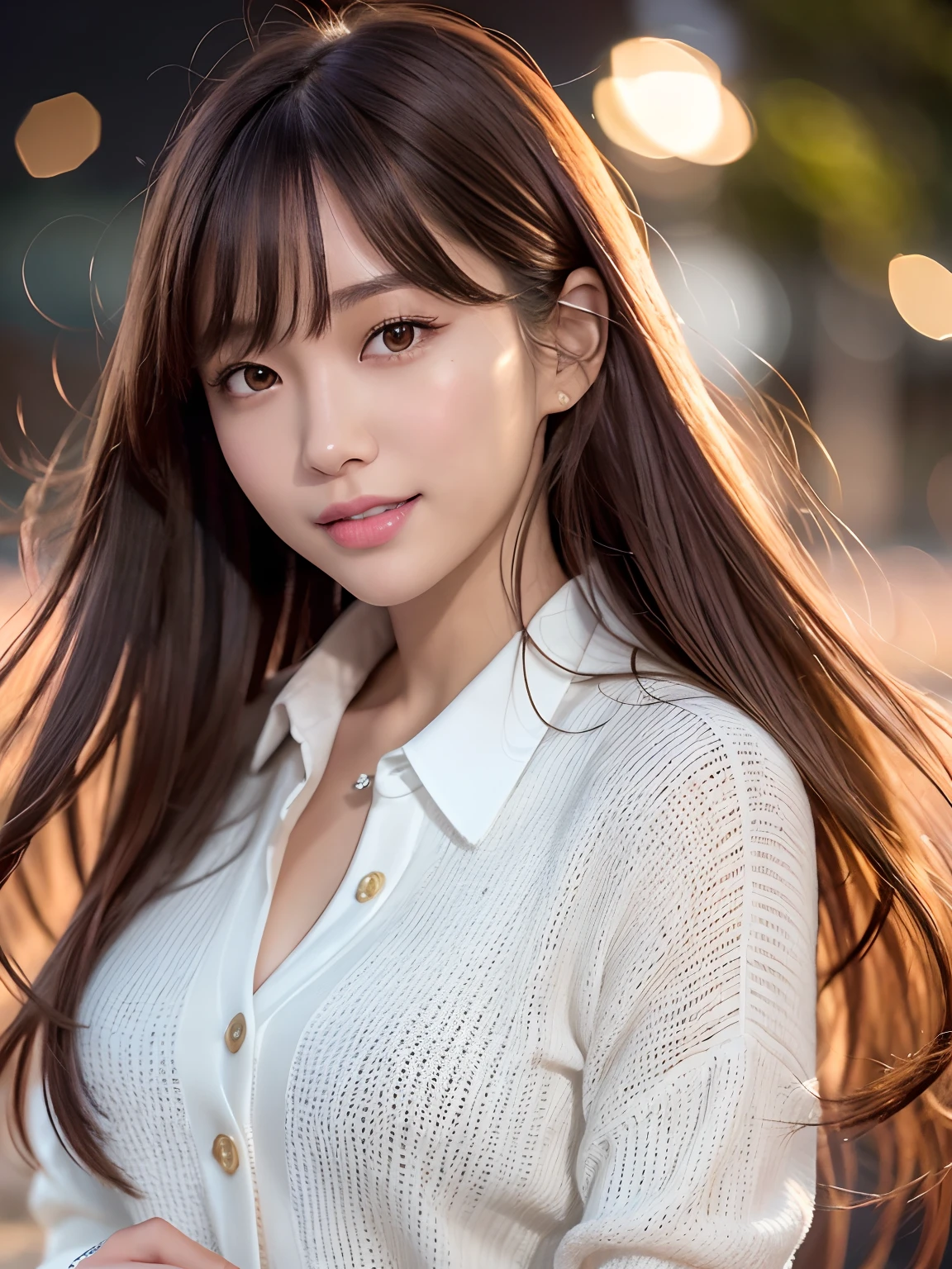 Product quality, 1 girl, Close-up of her face, Front view, a Japanese young pretty girl, Long Bob hair, A big smile, In the night, Sea view at night, In collared satin silk white shirt jacket a light yellow long cardigan, Her hair was blown by the wind, hyper cute face, Glossy lips, double eyelids for both eyes, Natural makeup, Shiny smooth light brown hair,Long Bob hair, Asymmetrical bangs, Tanned skin, high resolution, High detail, Detailed hairstyle, Detailed face, Cinematic lighting, Octane rendering, Ultra photo realsisim, Perfect limbs, Perfect ??????? 8K holds a large bouquet of pink roses in his hand,Smile