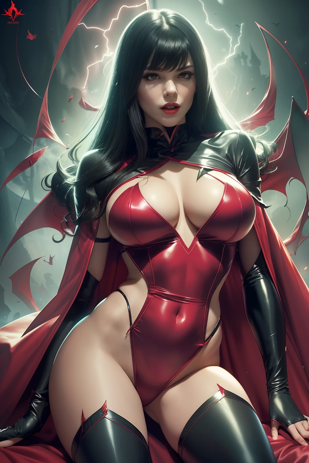Vampirella in a dark and mysterious environment, demonstrating their power and seduction? Create an image of Vampirella surrounded by darkness, dans un environnement gothique et lugubre. She should be depicted in a seductive and stimulating pose, with open bat wings and sharp teeth exposed. Your appearance should be sensual and mysterious, (((Dressed in his iconic red suit with strategic cutouts and a flowing cape))). in background, Include Elements of Fantasy, Like castles and bats, to accentuate the atmosphere of terror and mystery. Make sure you capture the strong personality, Sensual and mystical character, while highlighting her position as one of the most iconic heroines in horror comics