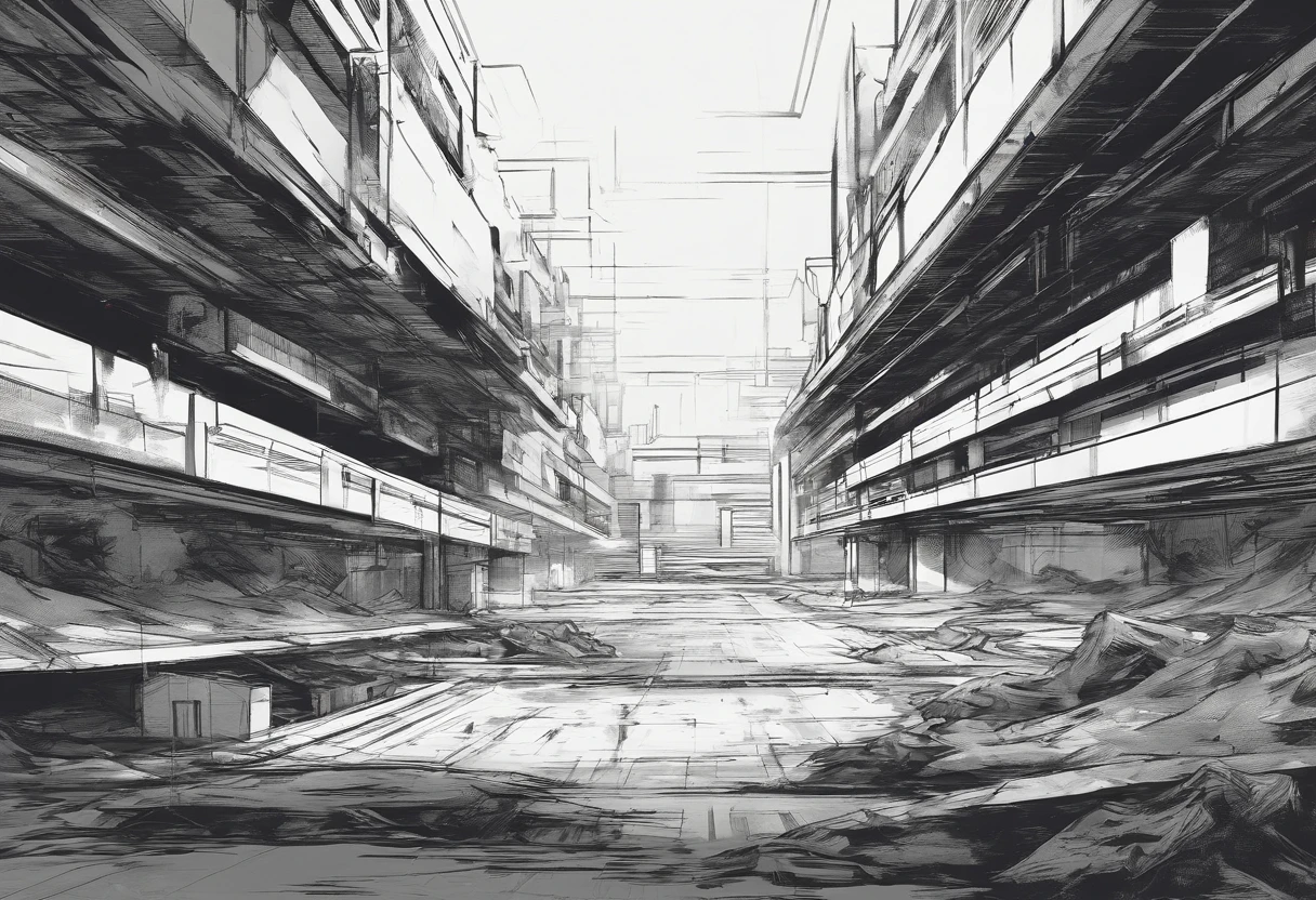 Liminal space in the style of Kentaro Miura, black and white, bleak, parking lot, mall, empty mall, scary, dark, intricate linework